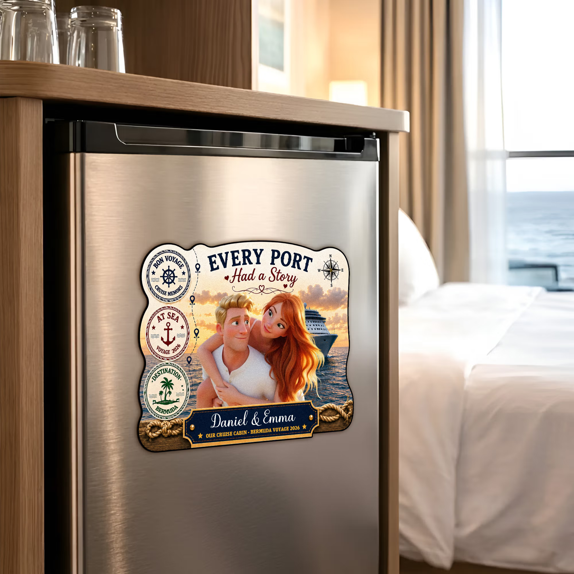 Personalized Cruise Photo Door Magnet – 3D Cartoon Custom Magnet with Names & Year, Fun Home Decor for Family Reunion, Birthday Travel Gift for Couples & Families