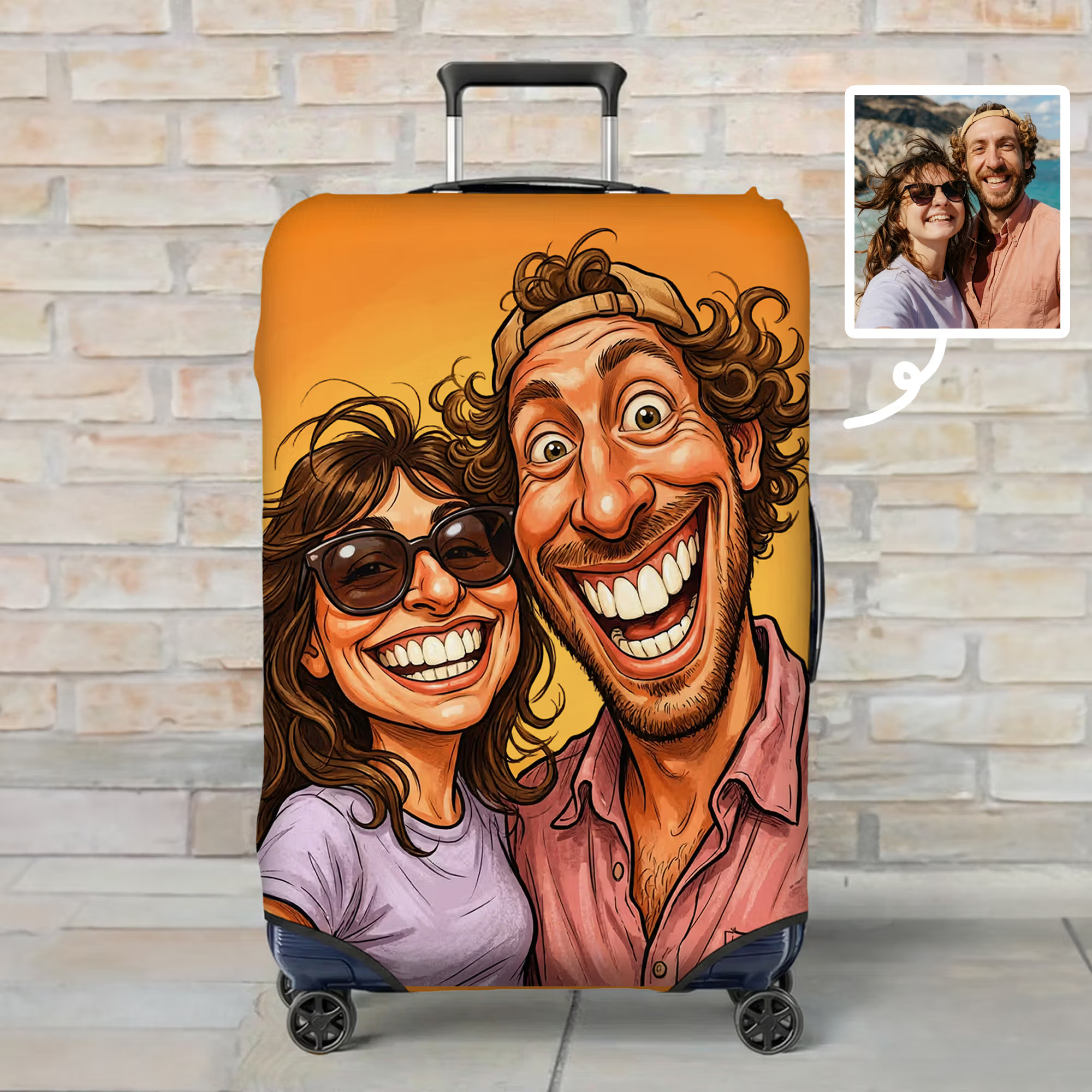 Personalized Comic Photo Suitcase Cover & Luggage Tag Set, Fits 18-32 Inch Suitcases-Unique Retro Cartoon Gift for Travel Lovers, Couples, Family.