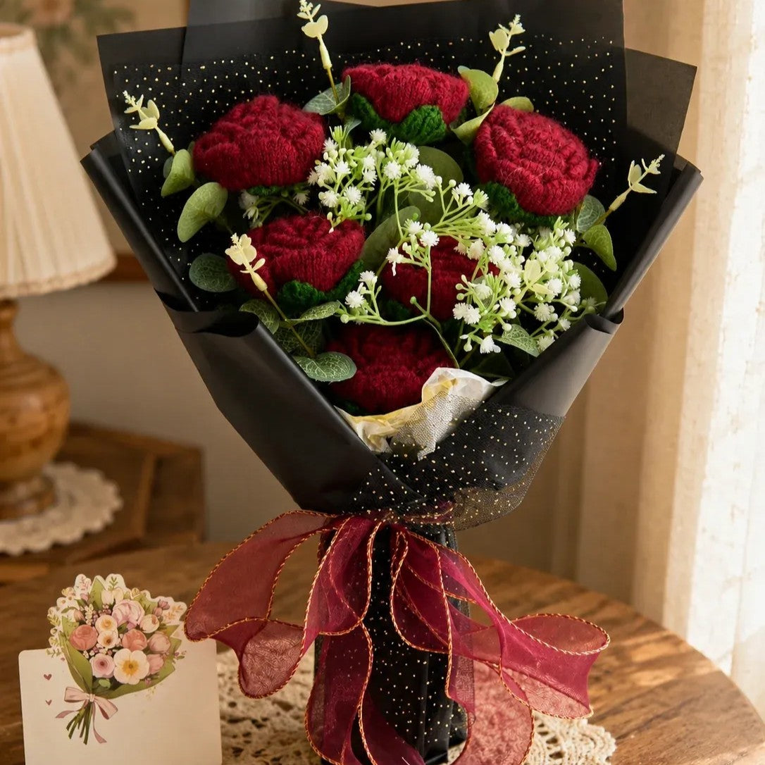 Deep Red Rose Crochet Bouquet – Handmade Forever Flowers for Couples, With Black Wrapping