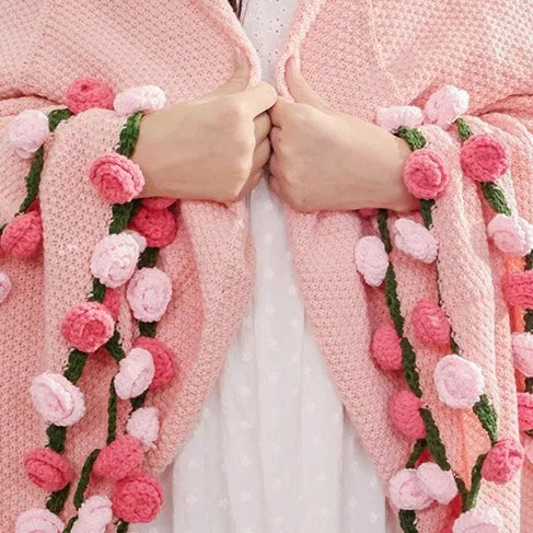 Tone-on-Tone Rose Crochet Blanket – Handmade Throw for Couples & Families, Available in Pink or Purple with Matching Ombre Roses