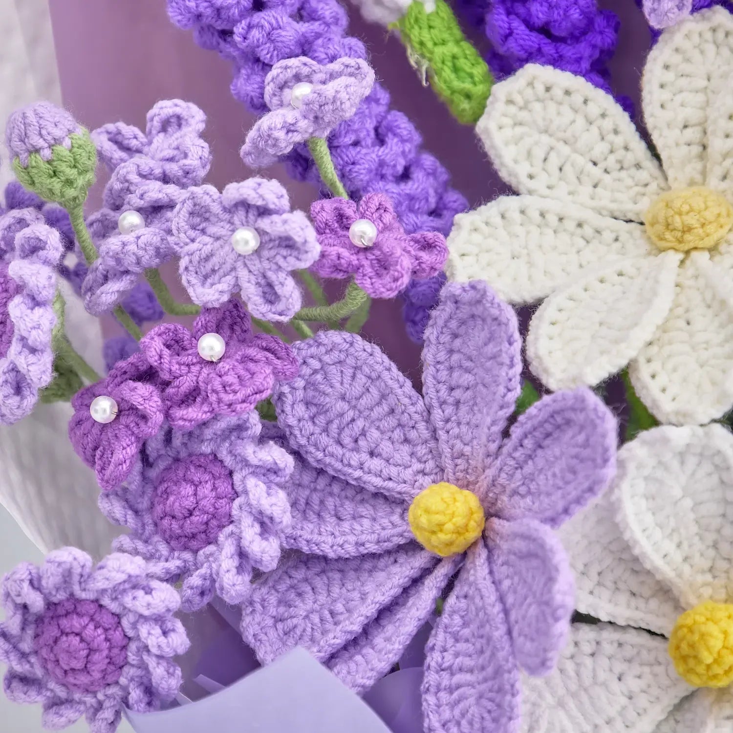 Lavender Dream Crochet Bouquet – Handmade Galsang & Lavender Flowers in a Premium Gift Box