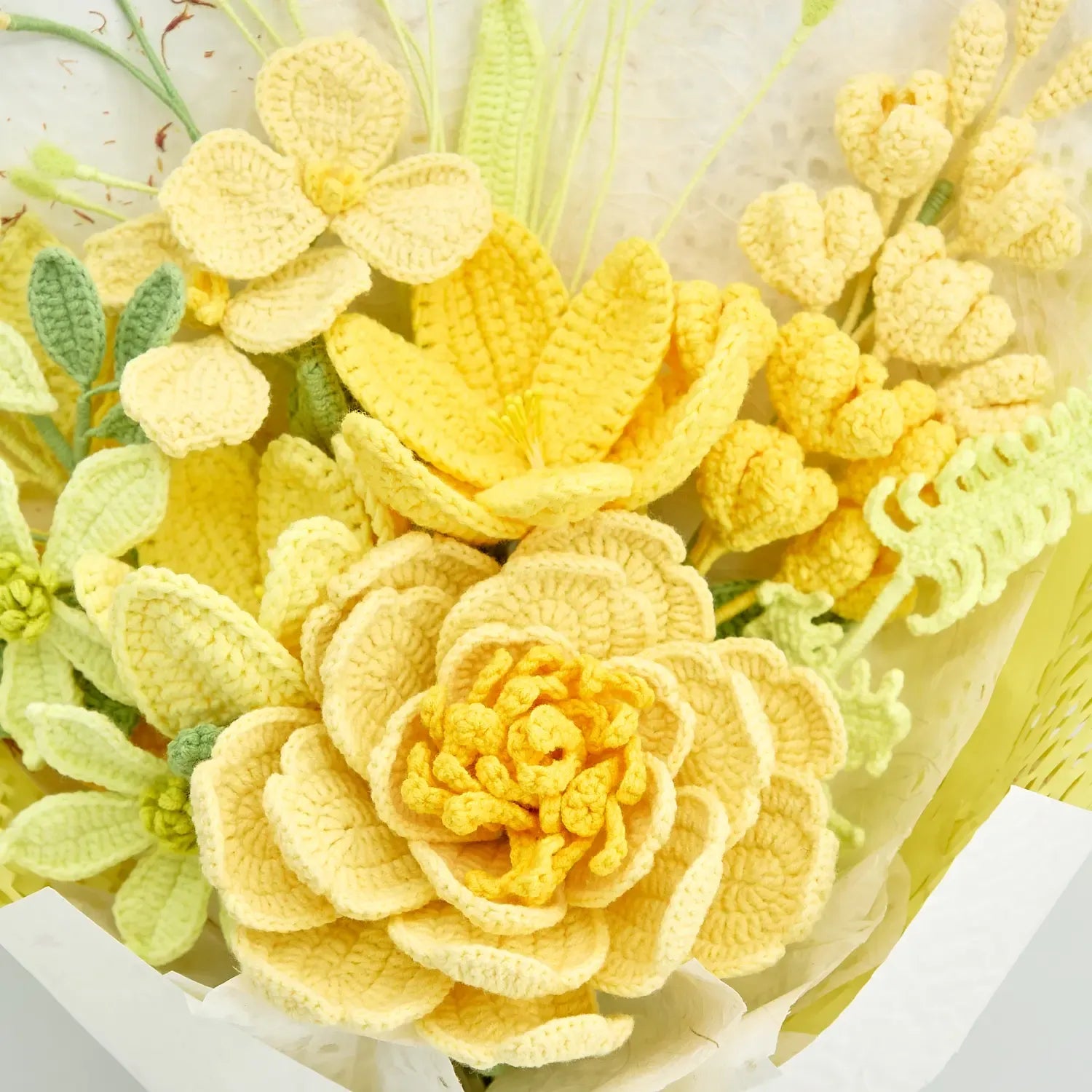 Sunshine Crochet Bouquet – Handmade Mixed Flowers in a Soft Yellow Hue, Presented in a Gift Box