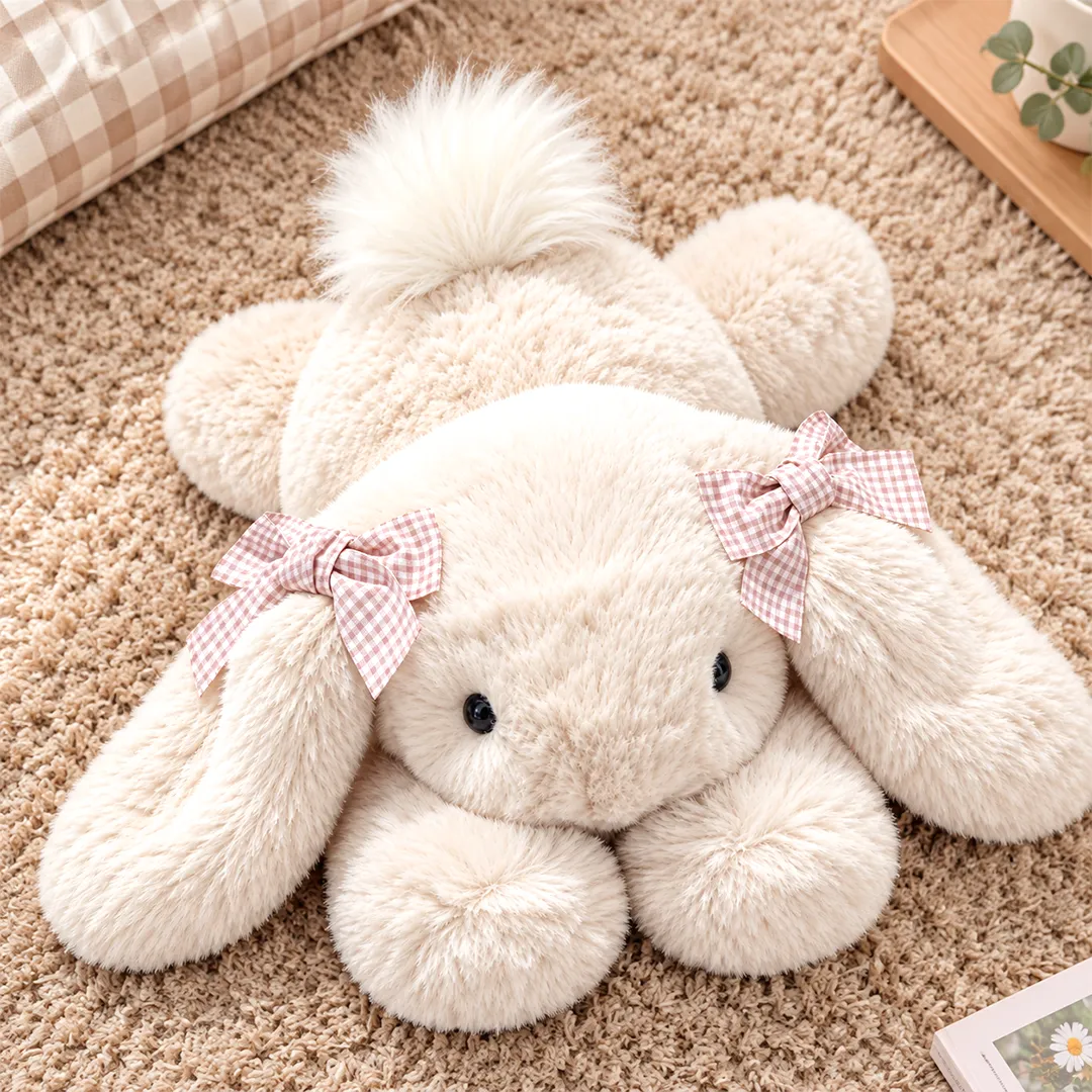 Personalized Floppy Bunny Stuffed Animal — Custom Photo Ears, Gingham Bows, Super Soft Squishy Lying Rabbit Gift for Birthday & Valentine's