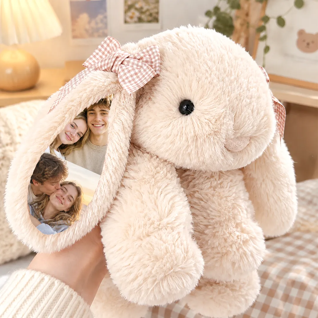 Personalized Floppy Bunny Stuffed Animal — Custom Photo Ears, Gingham Bows, Super Soft Squishy Lying Rabbit Gift for Birthday & Valentine's