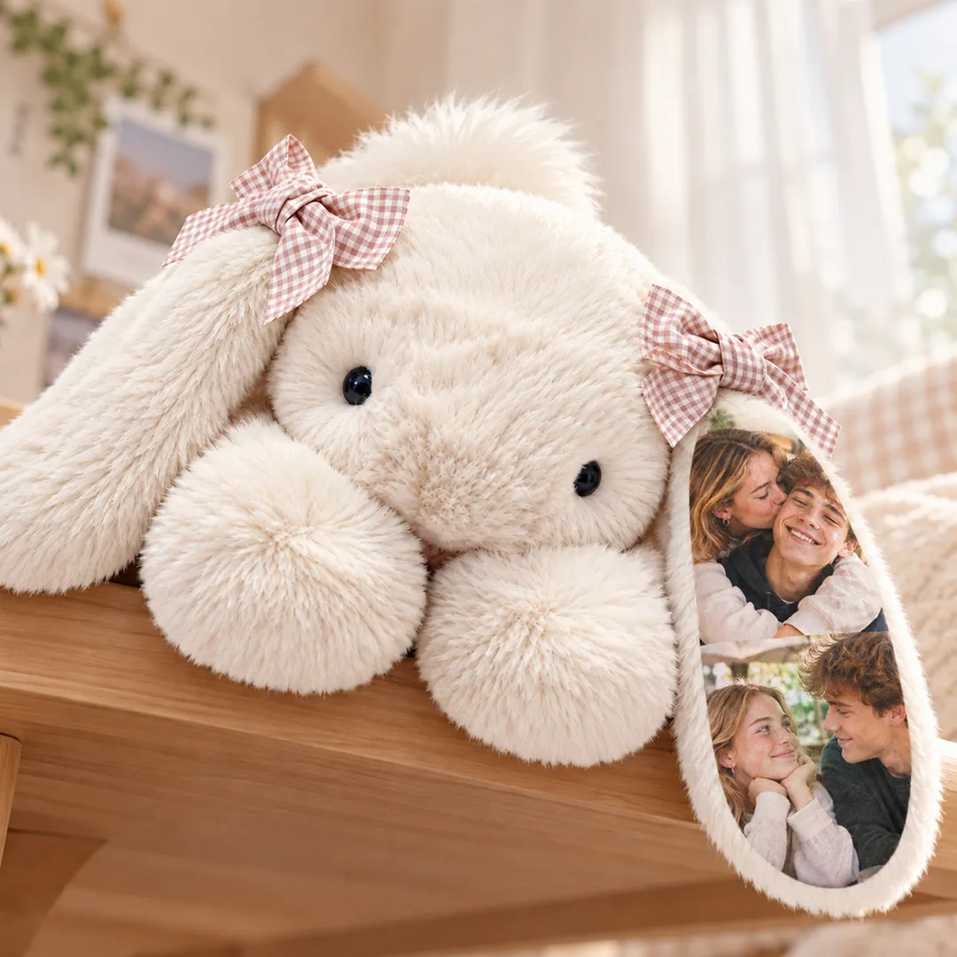 Personalized Floppy Bunny Stuffed Animal — Custom Photo Ears, Gingham Bows, Super Soft Squishy Lying Rabbit Gift for Birthday & Valentine's