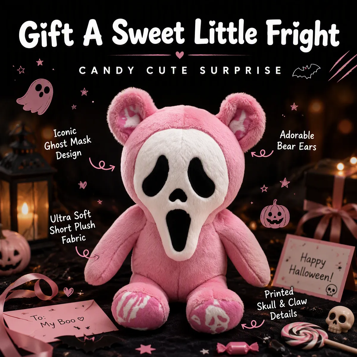 Custom Photo Ghost Bear Plush — Personalized Halloween Teddy Bear with Spooky Ghost Face & Photo Paws, Couple Gift