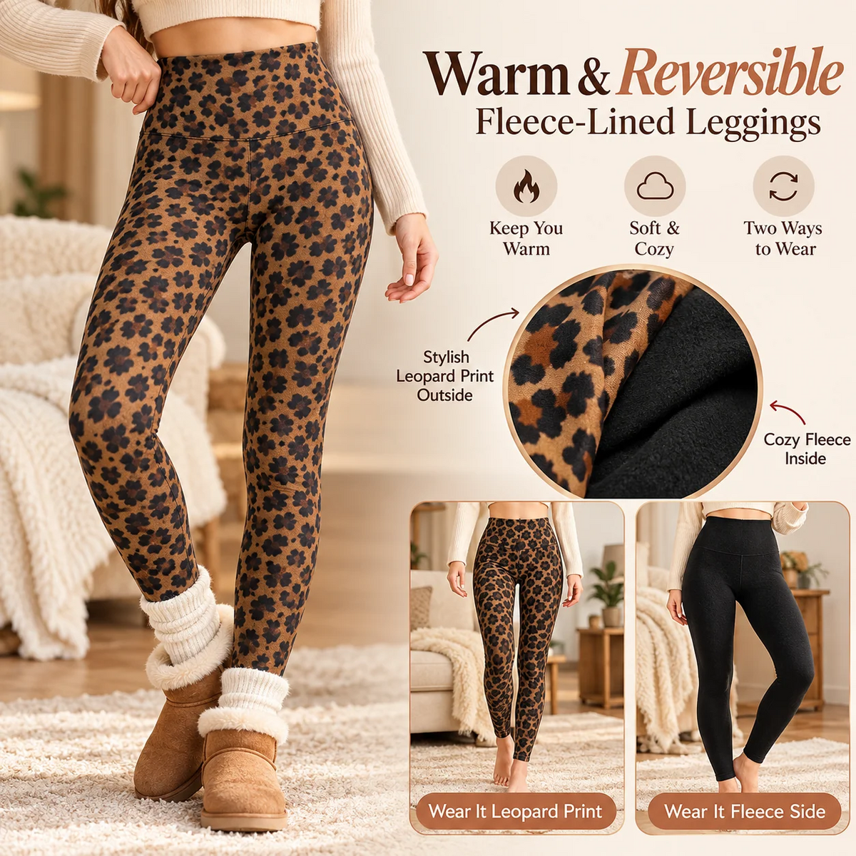 Women's Reversible Leopard Print Leggings-High-Waisted Fleece-Lined Warm Stretch Pants