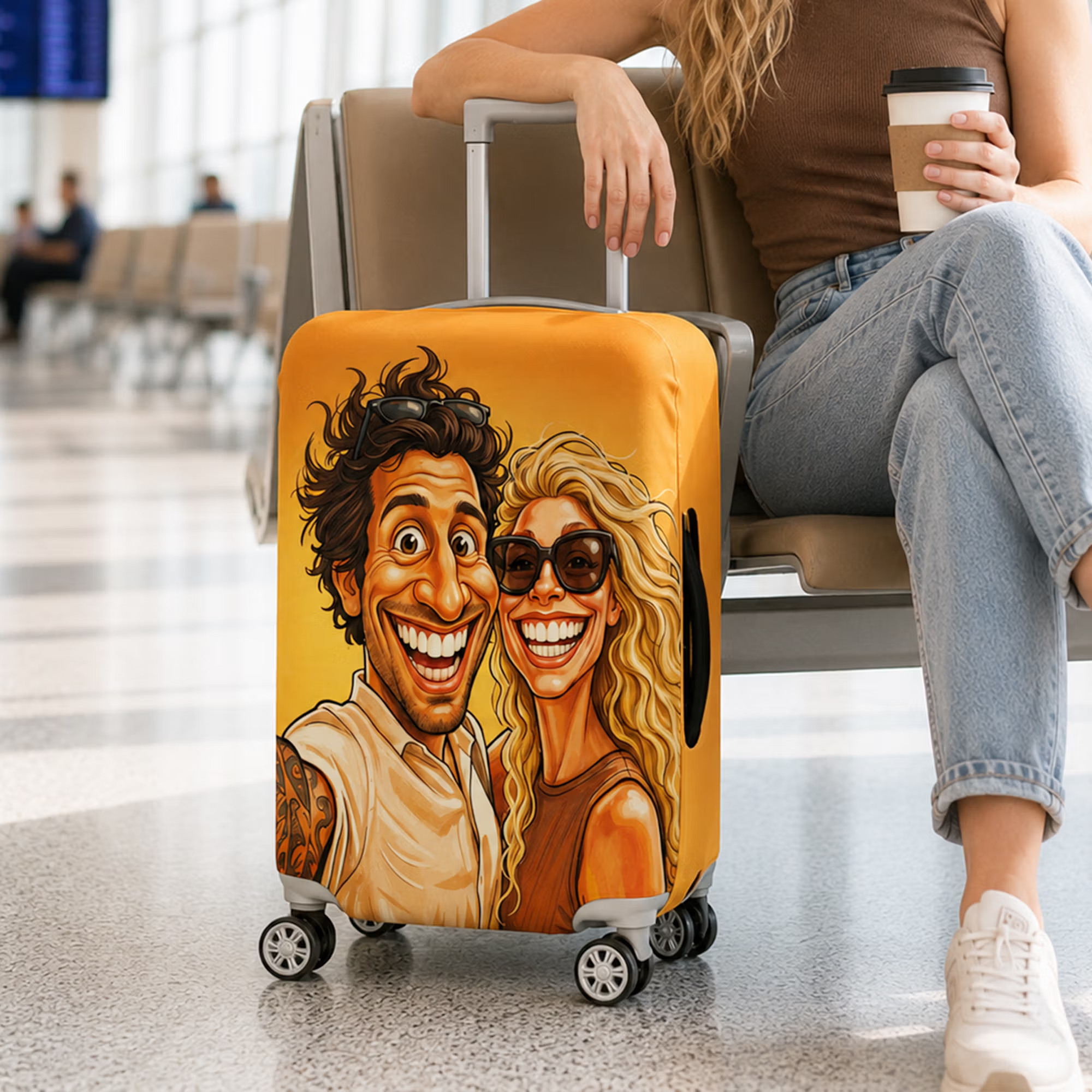 Personalized Comic Photo Suitcase Cover & Luggage Tag Set, Fits 18-32 Inch Suitcases-Unique Retro Cartoon Gift for Travel Lovers, Couples, Family.