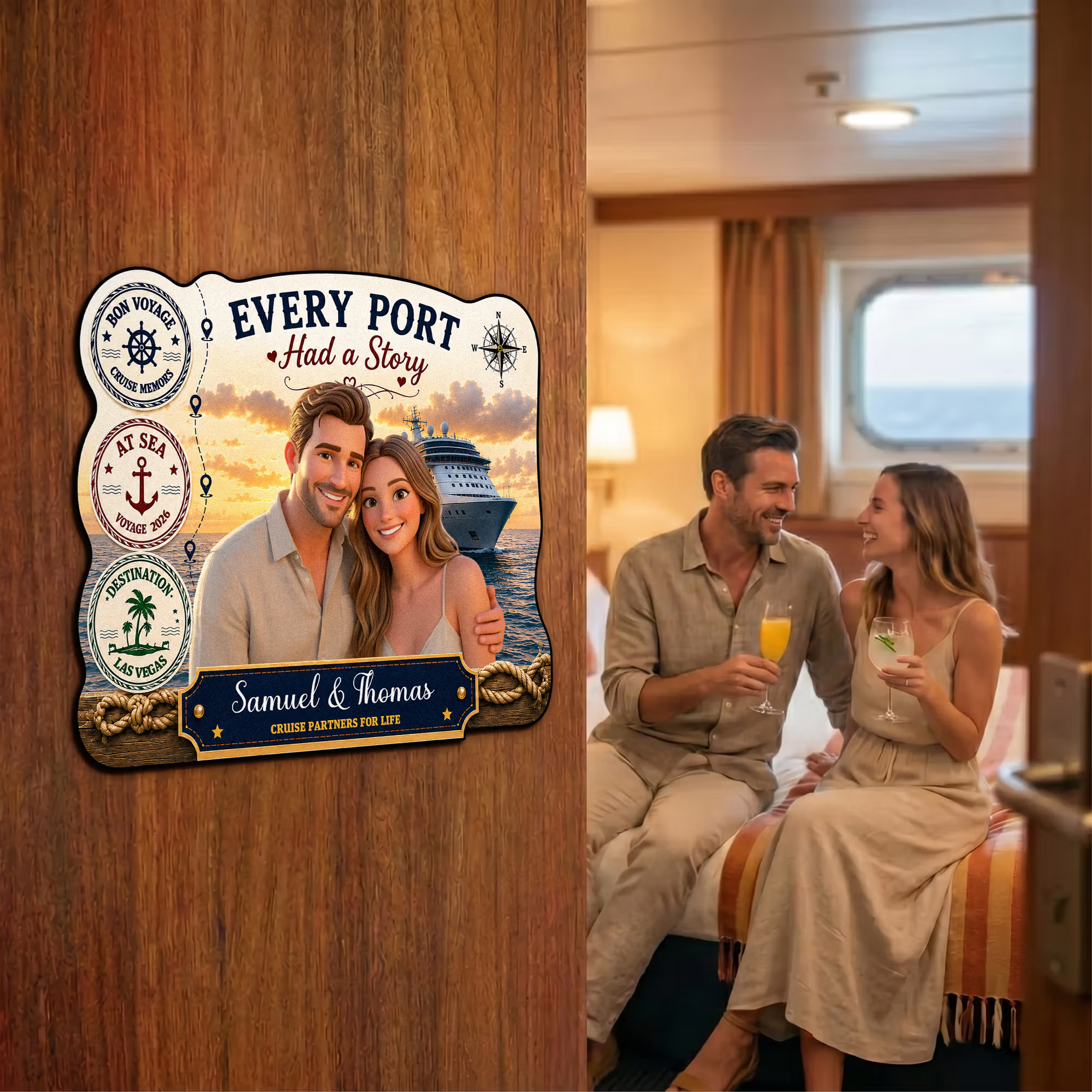 Personalized Cruise Photo Door Magnet – 3D Cartoon Custom Magnet with Names & Year, Fun Home Decor for Family Reunion, Birthday Travel Gift for Couples & Families