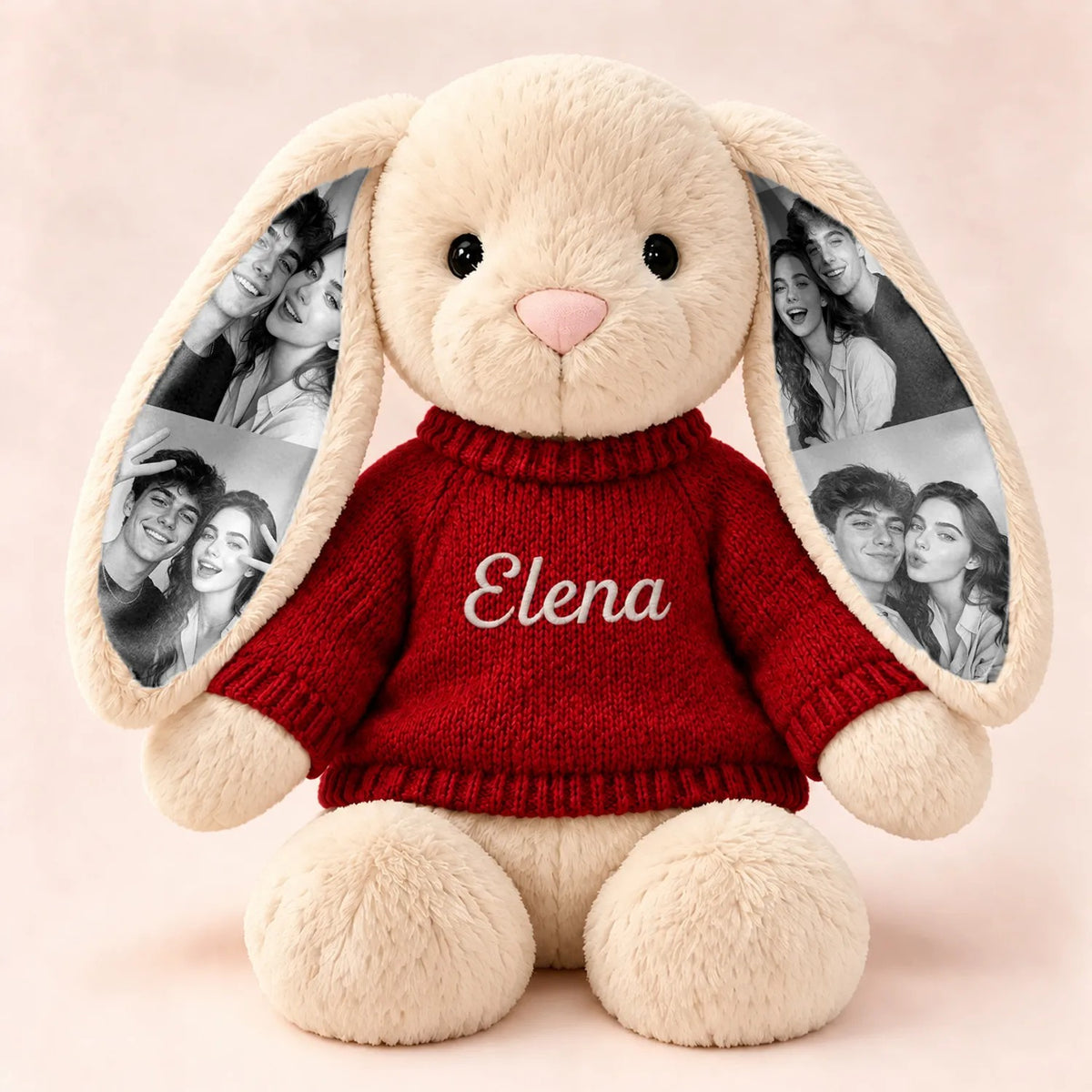 Custom Photo Bunny Plush with Name & Red Christmas Sweater — Long-Ear Rabbit Stuffed Animal, Christmas Holiday Gift