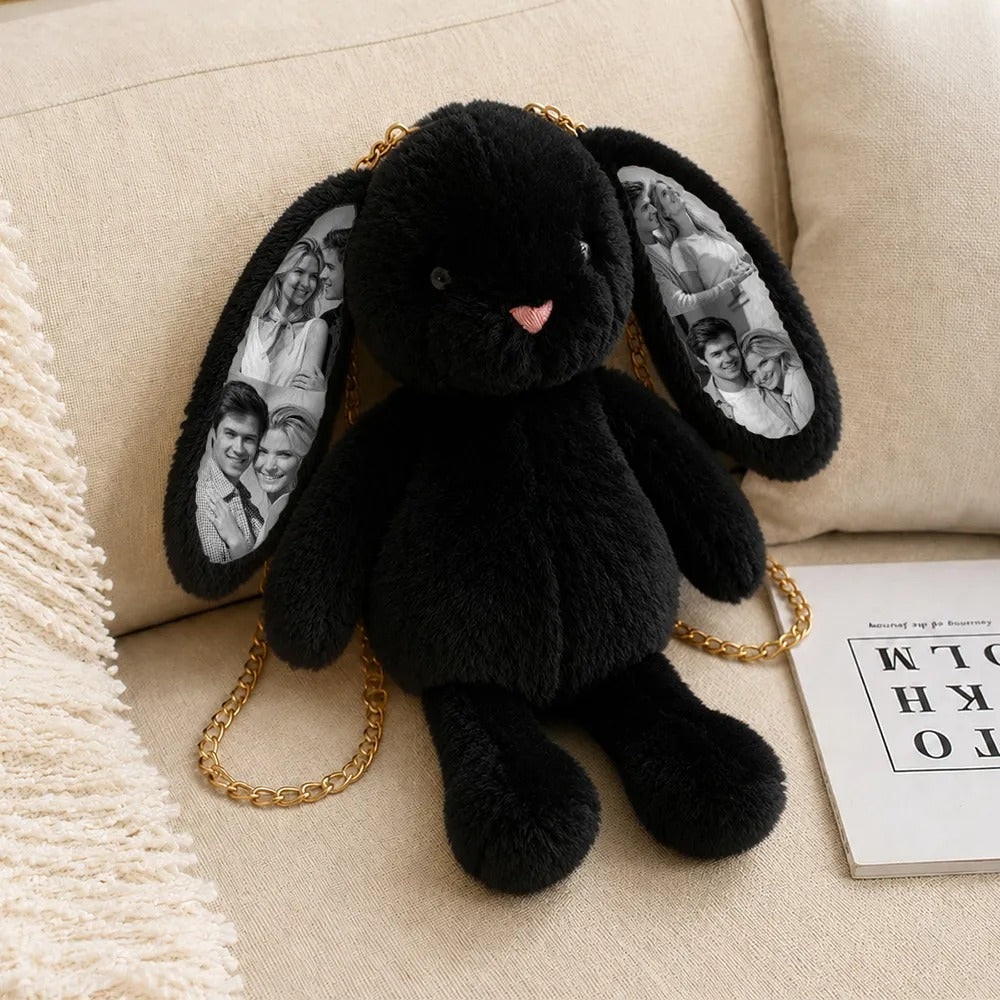 Custom Photo Bunny Convertible Bag - Versatile Plush Rabbit Backpack & Crossbody purse with Personalized Ear Prints, Unique Gift for Her, Kids & Pet Lovers