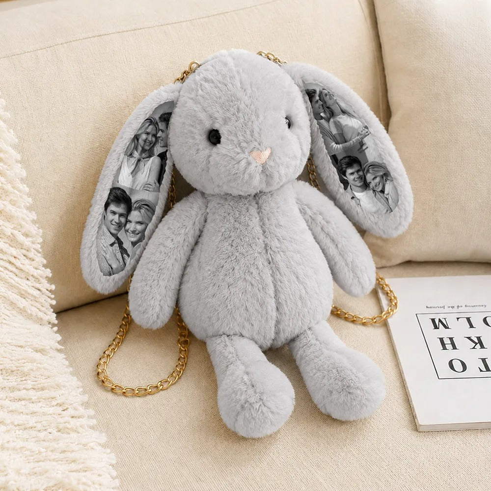 Custom Photo Bunny Convertible Bag - Versatile Plush Rabbit Backpack & Crossbody purse with Personalized Ear Prints, Unique Gift for Her, Kids & Pet Lovers