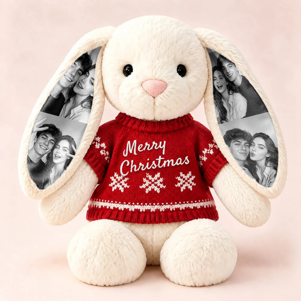 Custom Photo Bunny Plush with Name & Red Christmas Sweater — Long-Ear Rabbit Stuffed Animal, Christmas Holiday Gift
