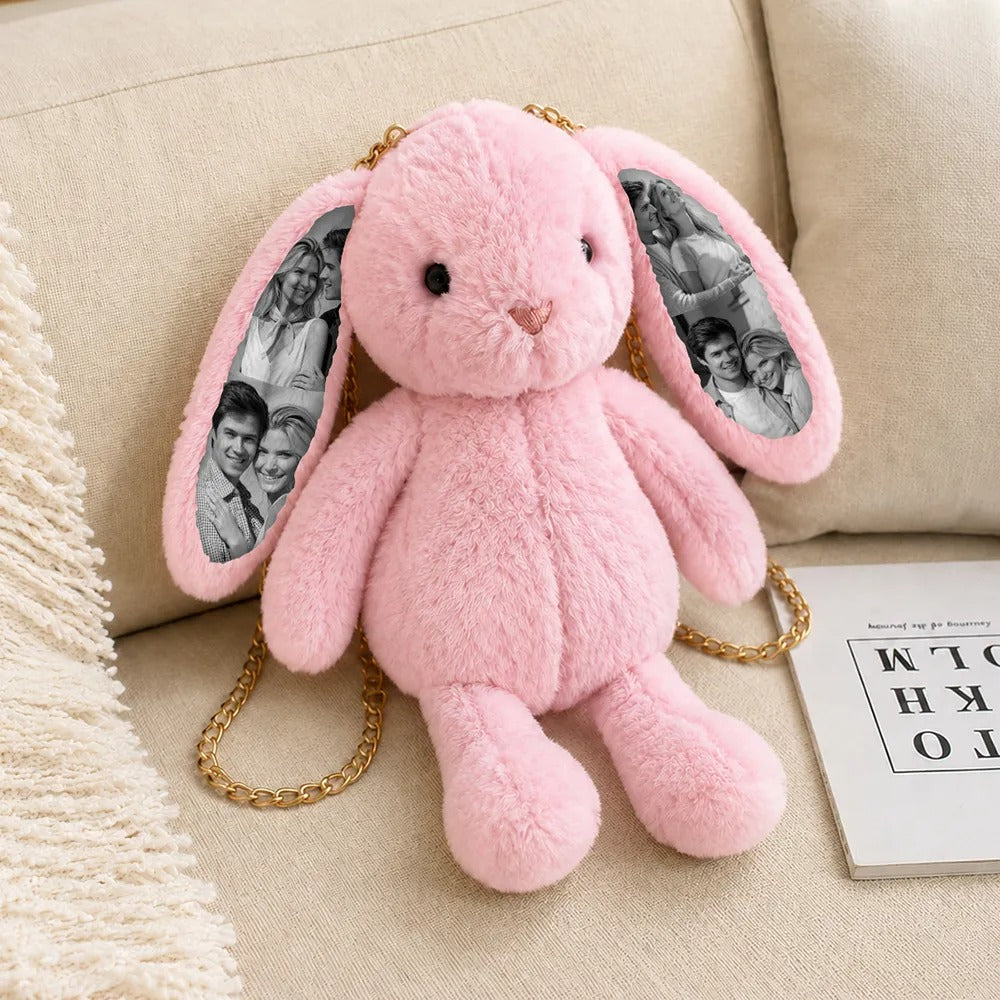 Custom Photo Bunny Convertible Bag - Versatile Plush Rabbit Backpack & Crossbody purse with Personalized Ear Prints, Unique Gift for Her, Kids & Pet Lovers