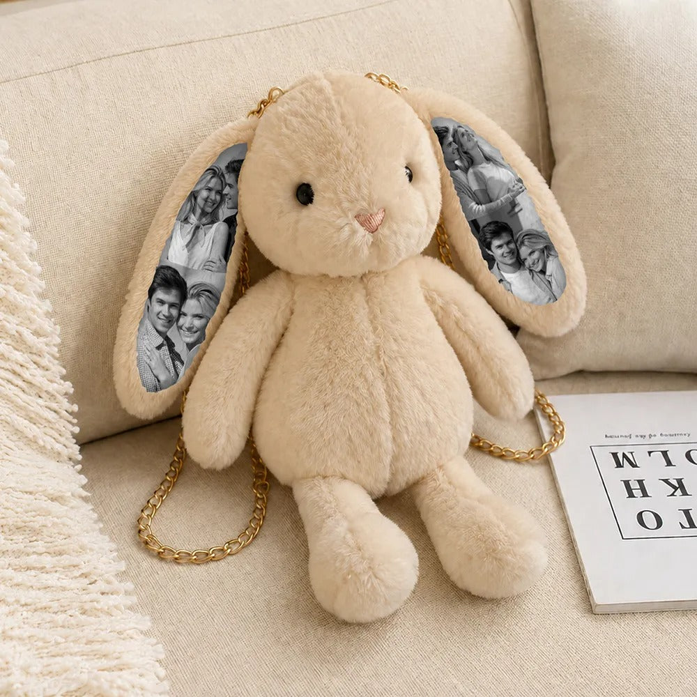 Custom Photo Bunny Convertible Bag - Versatile Plush Rabbit Backpack & Crossbody purse with Personalized Ear Prints, Unique Gift for Her, Kids & Pet Lovers