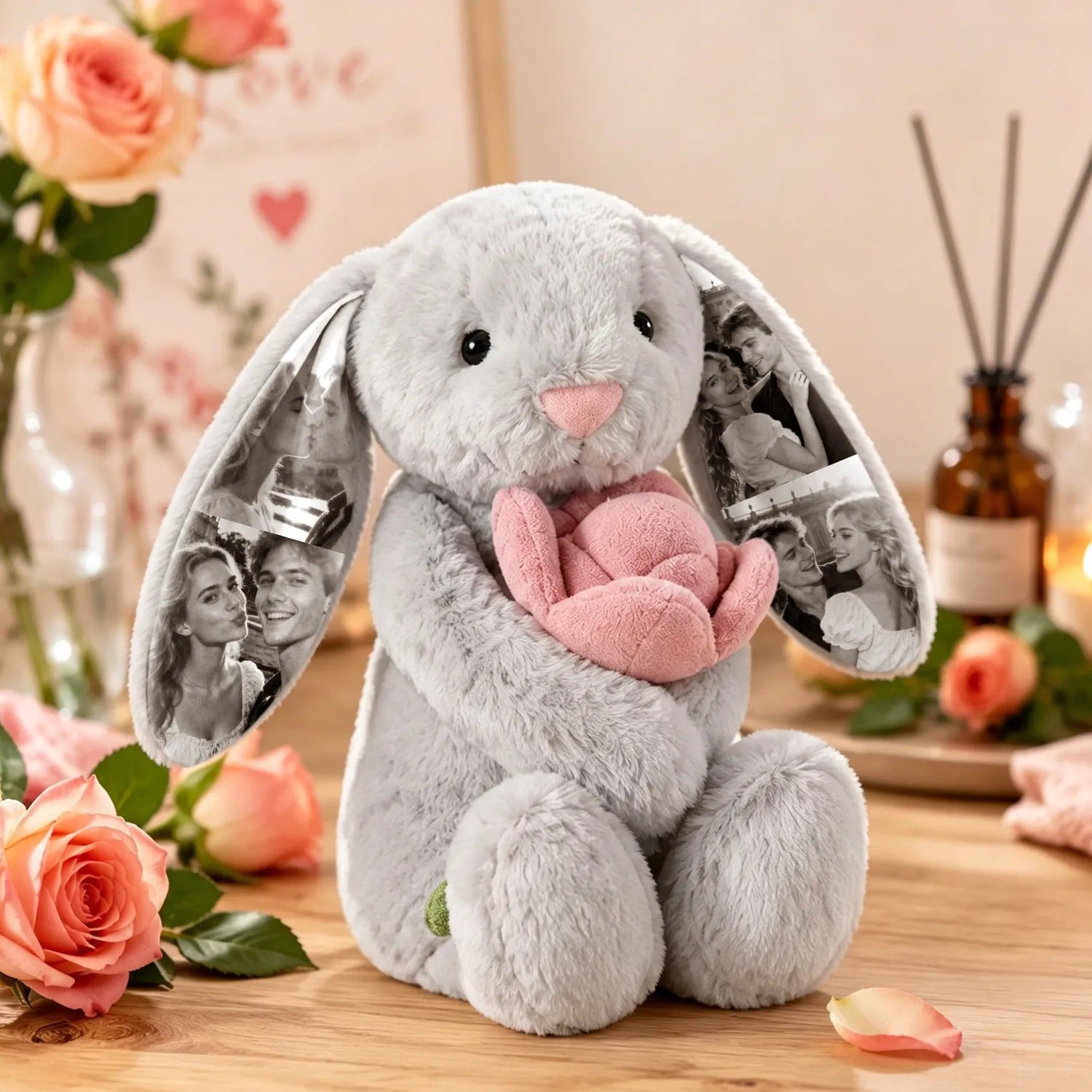 Custom Photo Red Rose Bunny Plush Personalized Hidden Ear Picture Bunny Gift for Couples Anniversary Gifts
