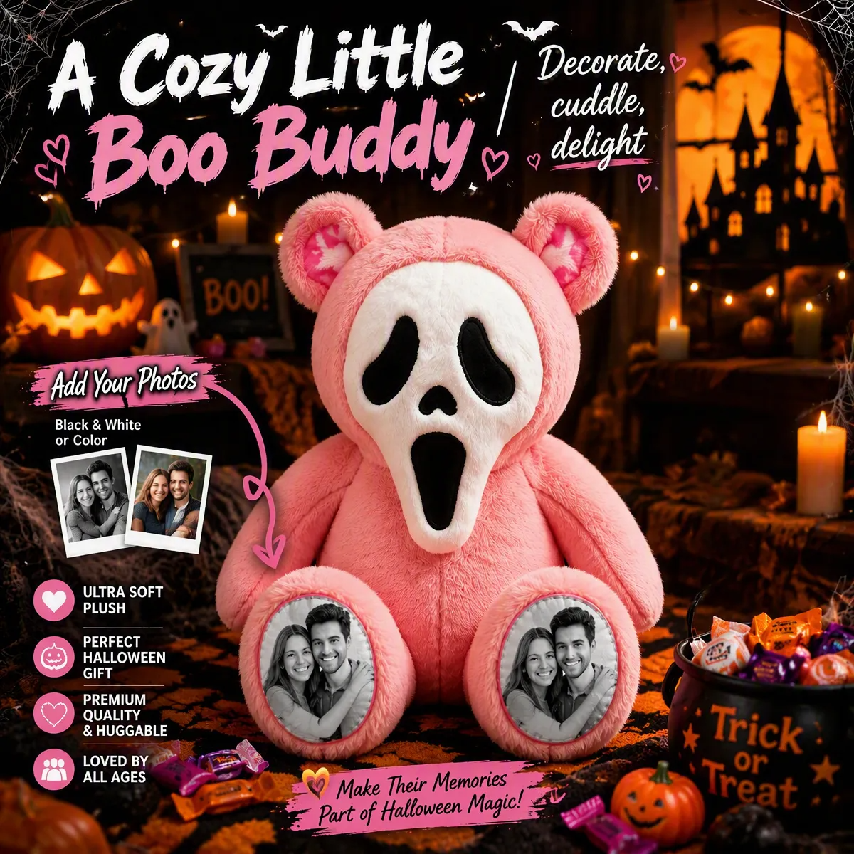 Custom Photo Ghost Bear Plush — Personalized Halloween Teddy Bear with Spooky Ghost Face & Photo Paws, Couple Gift