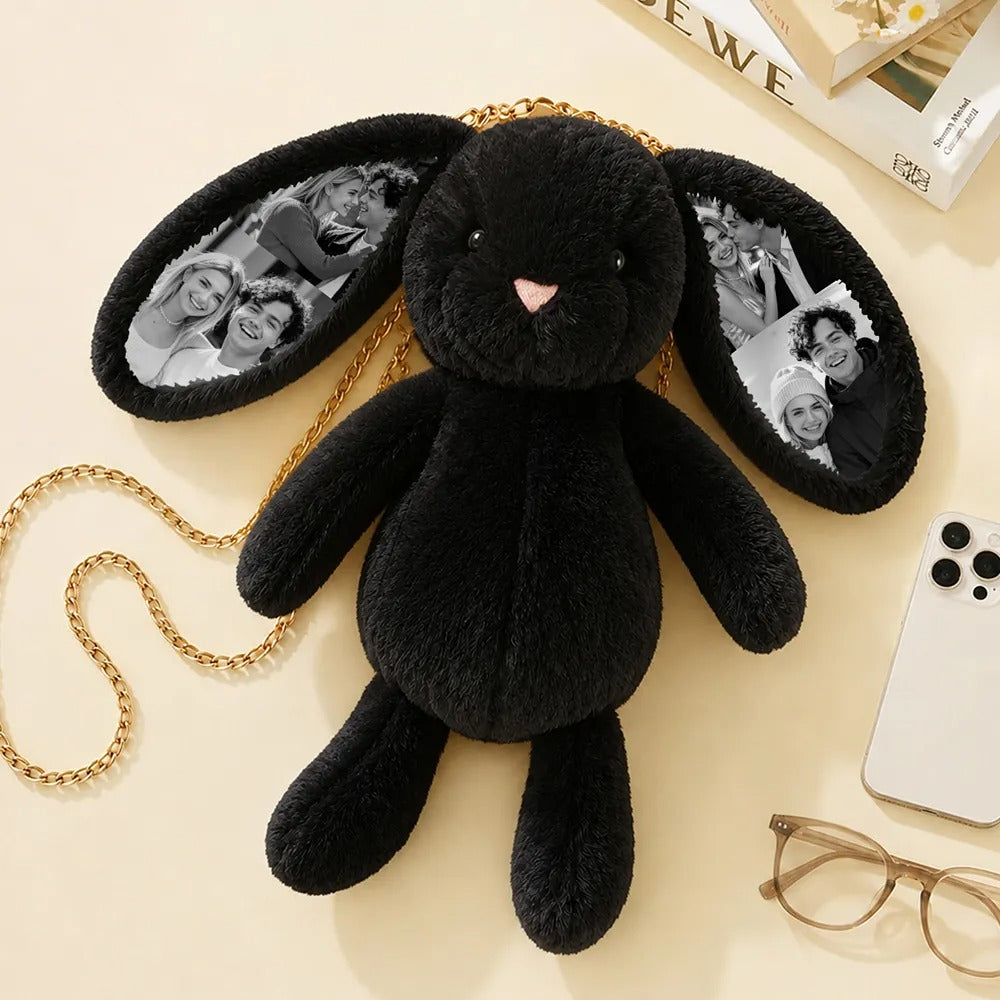 Custom Photo Bunny Convertible Bag - Versatile Plush Rabbit Backpack & Crossbody purse with Personalized Ear Prints, Unique Gift for Her, Kids & Pet Lovers