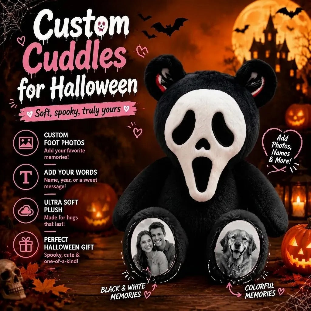 Custom Photo Ghost Bear Plush — Personalized Halloween Teddy Bear with Spooky Ghost Face & Photo Paws, Couple Gift