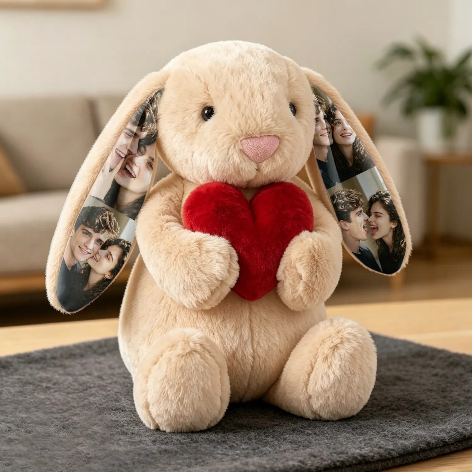 Custom Photo Red Rose Bunny Plush Personalized Hidden Ear Picture Bunny Gift for Couples Anniversary Gifts