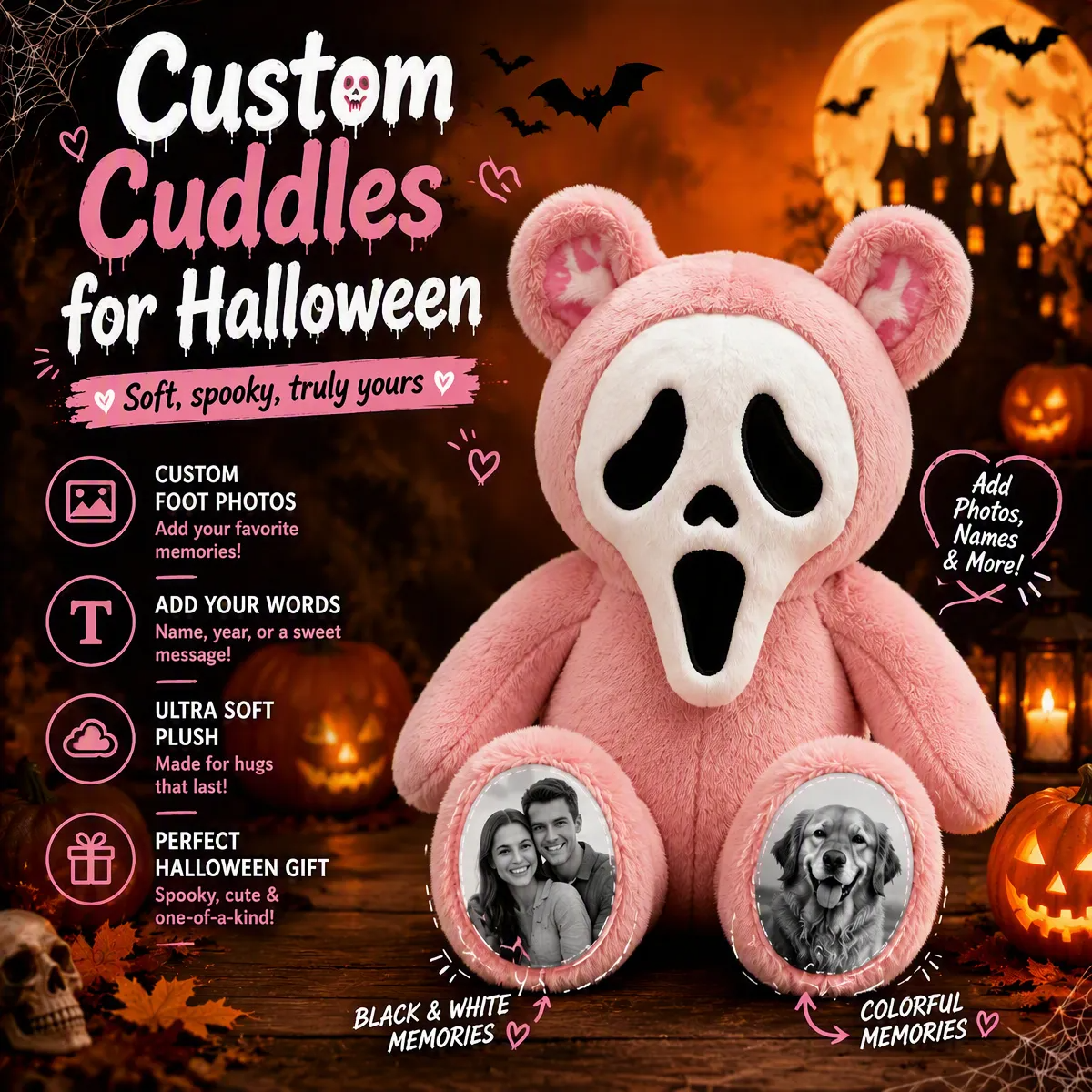 Custom Photo Ghost Bear Plush — Personalized Halloween Teddy Bear with Spooky Ghost Face & Photo Paws, Couple Gift