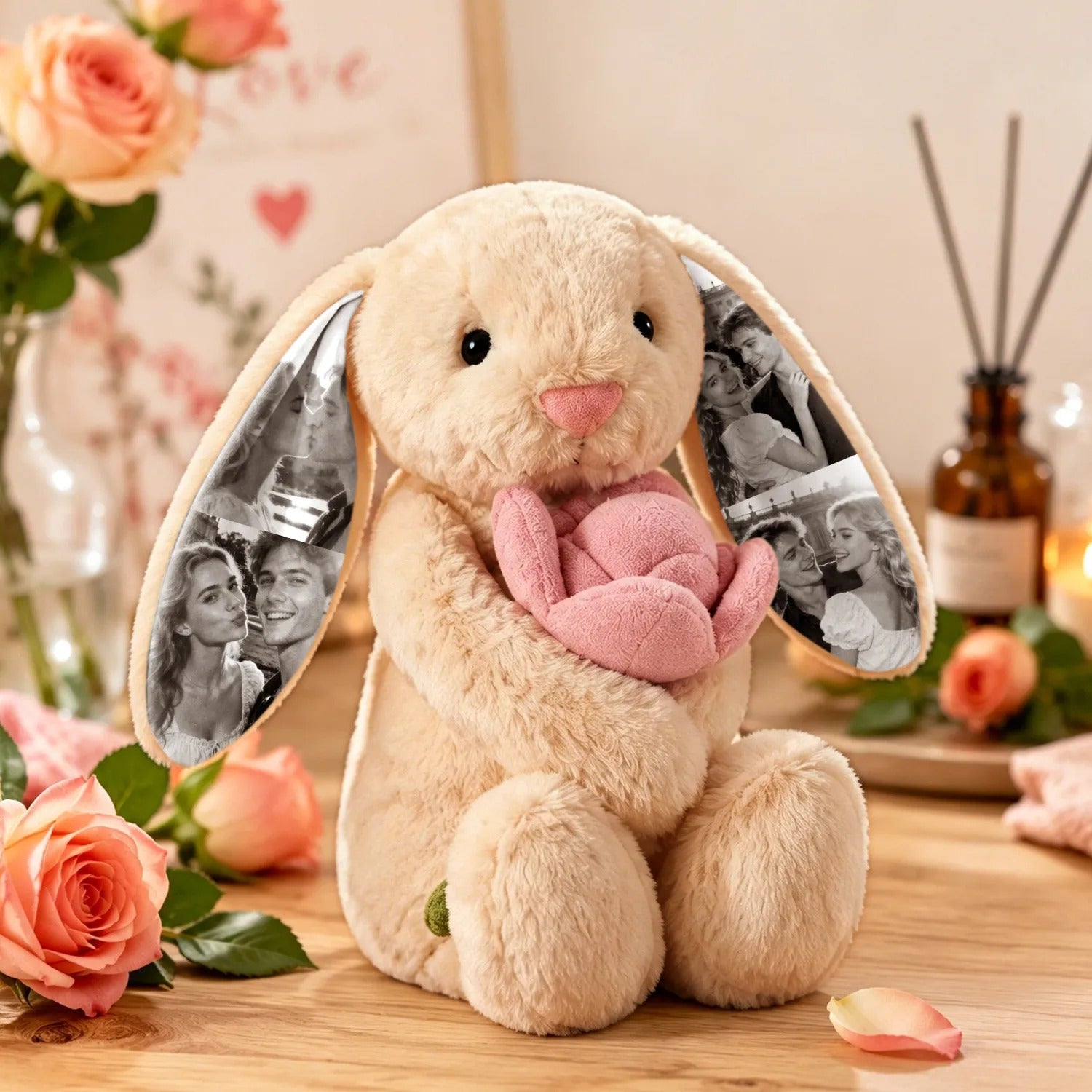 Custom Photo Red Rose Bunny Plush Personalized Hidden Ear Picture Bunny Gift for Couples Anniversary Gifts