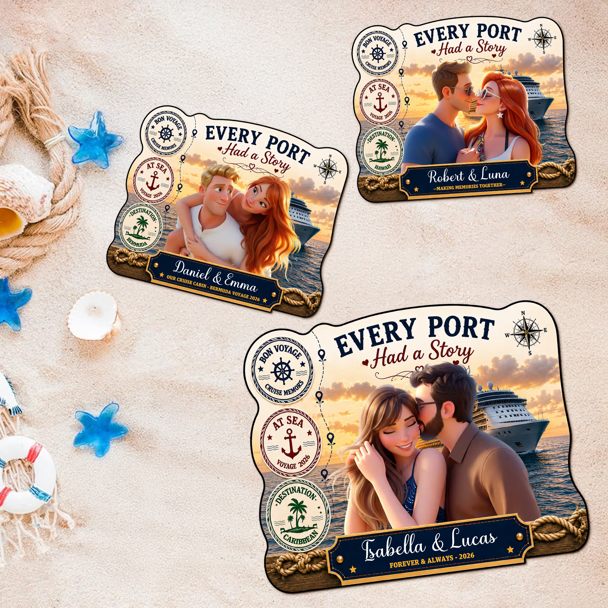 Personalized Cruise Photo Door Magnet – 3D Cartoon Custom Magnet with Names & Year, Fun Home Decor for Family Reunion, Birthday Travel Gift for Couples & Families