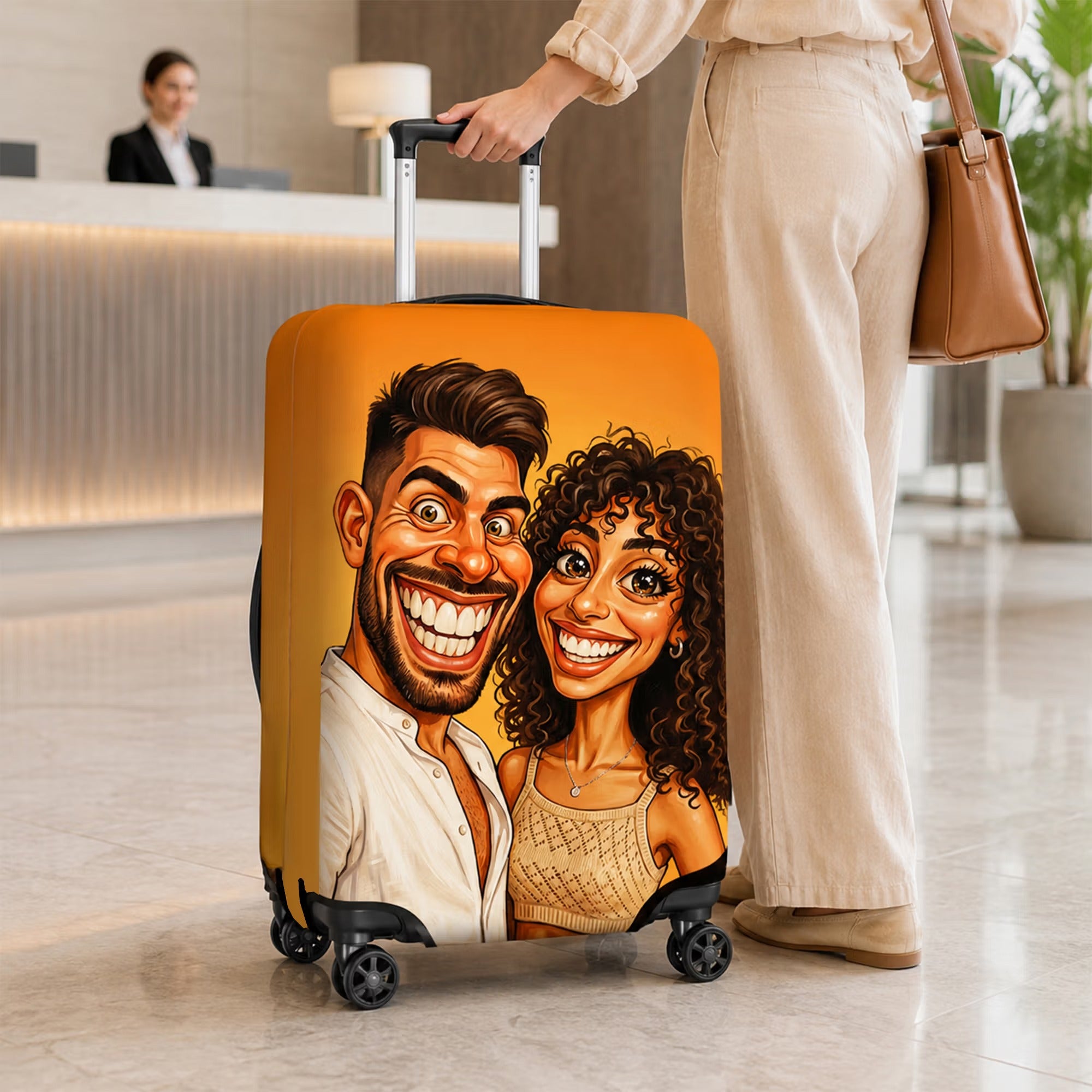 Personalized Comic Photo Suitcase Cover & Luggage Tag Set, Fits 18-32 Inch Suitcases-Unique Retro Cartoon Gift for Travel Lovers, Couples, Family.