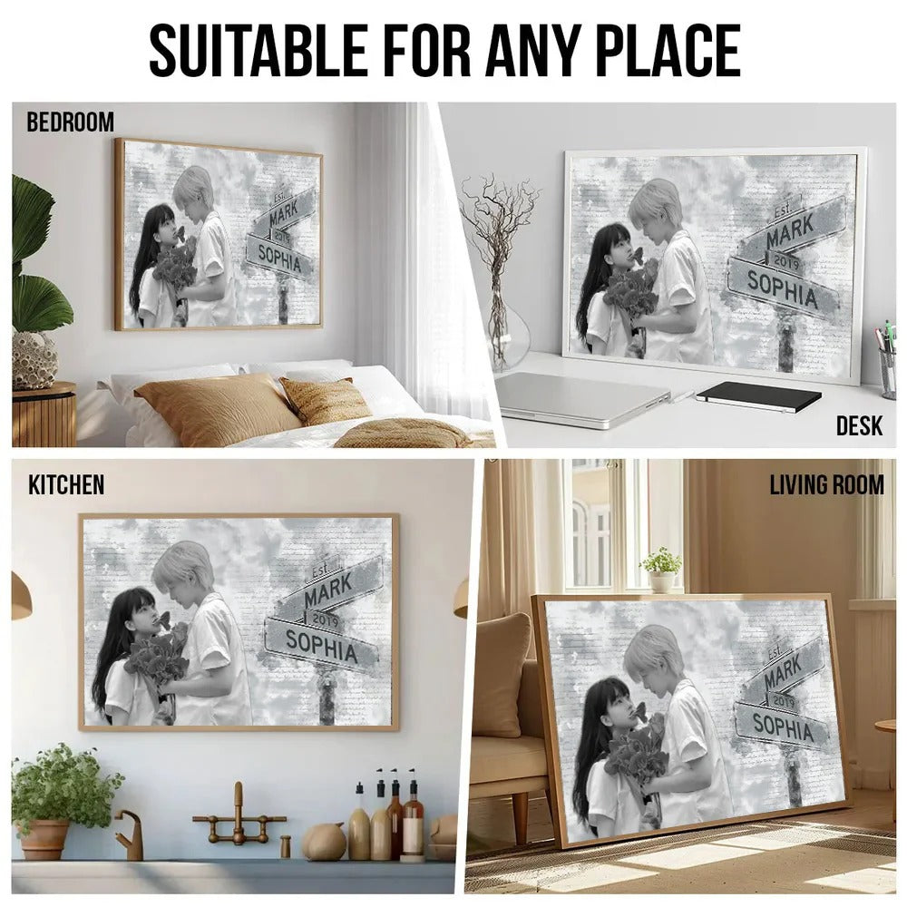 Custom Name & Date Photo Canvas Wall Art – Romantic Street Sign Style, Ideal Birthday or Anniversary Surprise for Couples