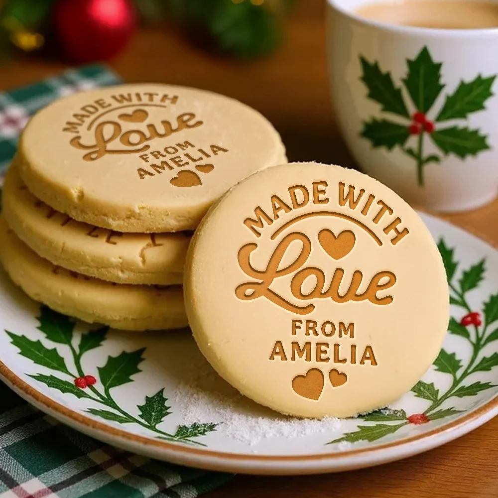 Merry Christmas Cookie Stamp with Family Name — Multiple Holiday Designs, Personalized Baking Gift