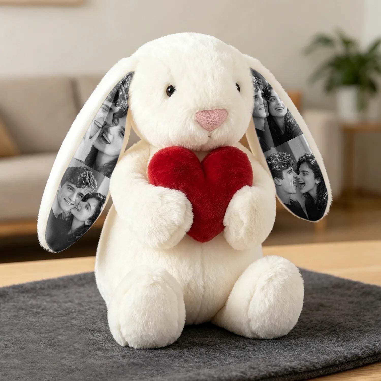 Custom Photo Red Rose Bunny Plush Personalized Hidden Ear Picture Bunny Gift for Couples Anniversary Gifts