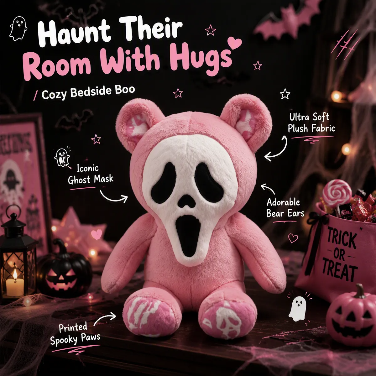 Custom Photo Ghost Bear Plush — Personalized Halloween Teddy Bear with Spooky Ghost Face & Photo Paws, Couple Gift