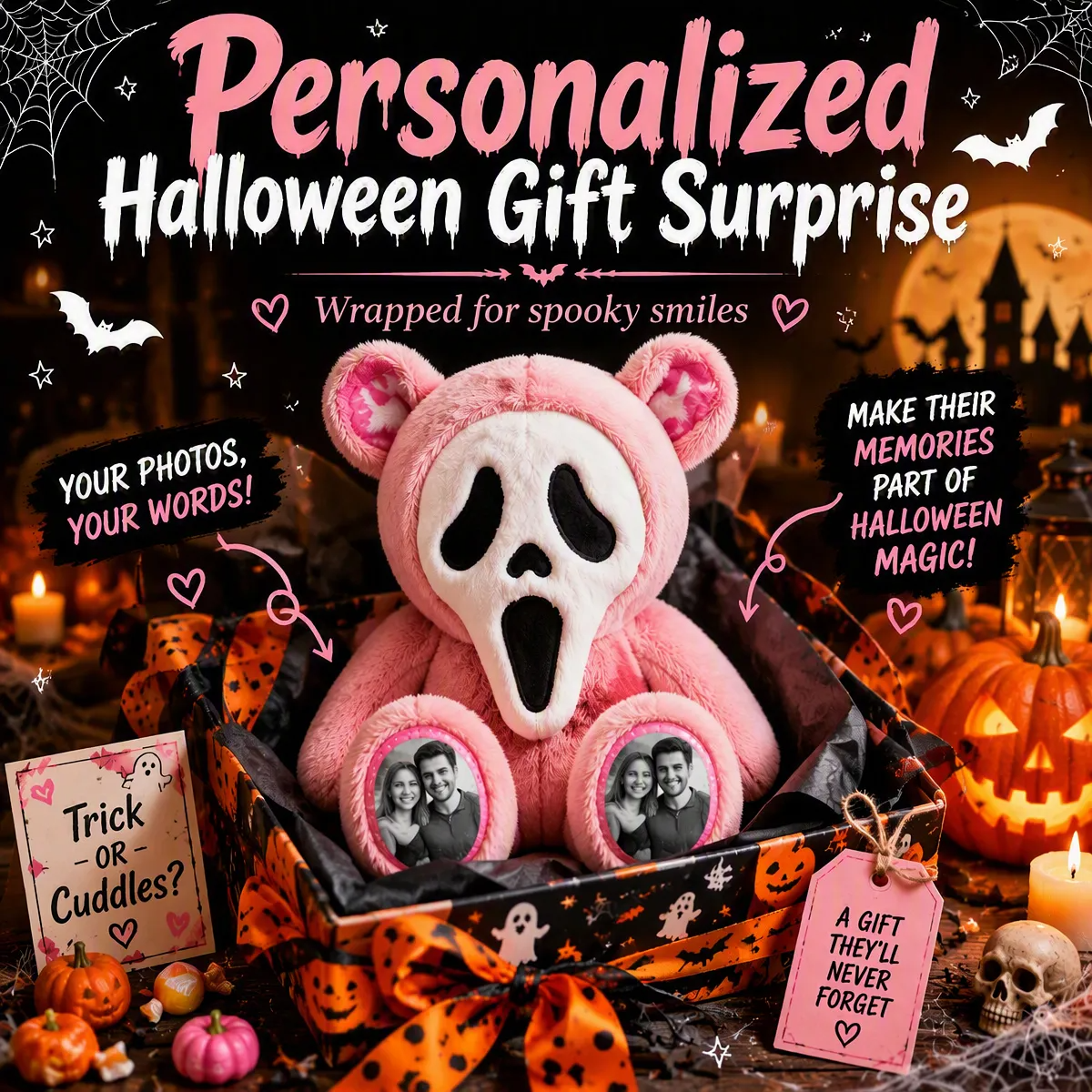 Custom Photo Ghost Bear Plush — Personalized Halloween Teddy Bear with Spooky Ghost Face & Photo Paws, Couple Gift