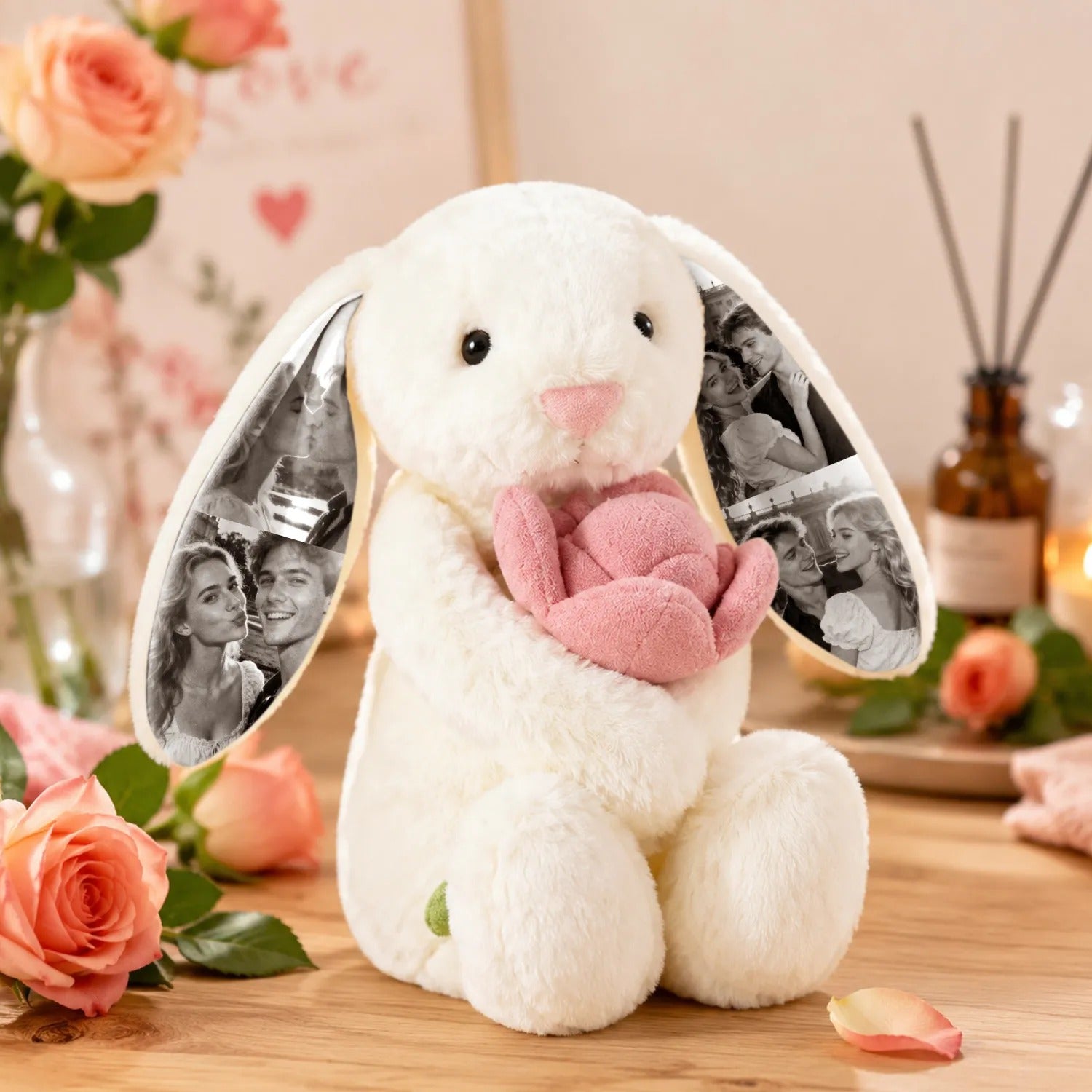 Custom Photo Red Rose Bunny Plush Personalized Hidden Ear Picture Bunny Gift for Couples Anniversary Gifts