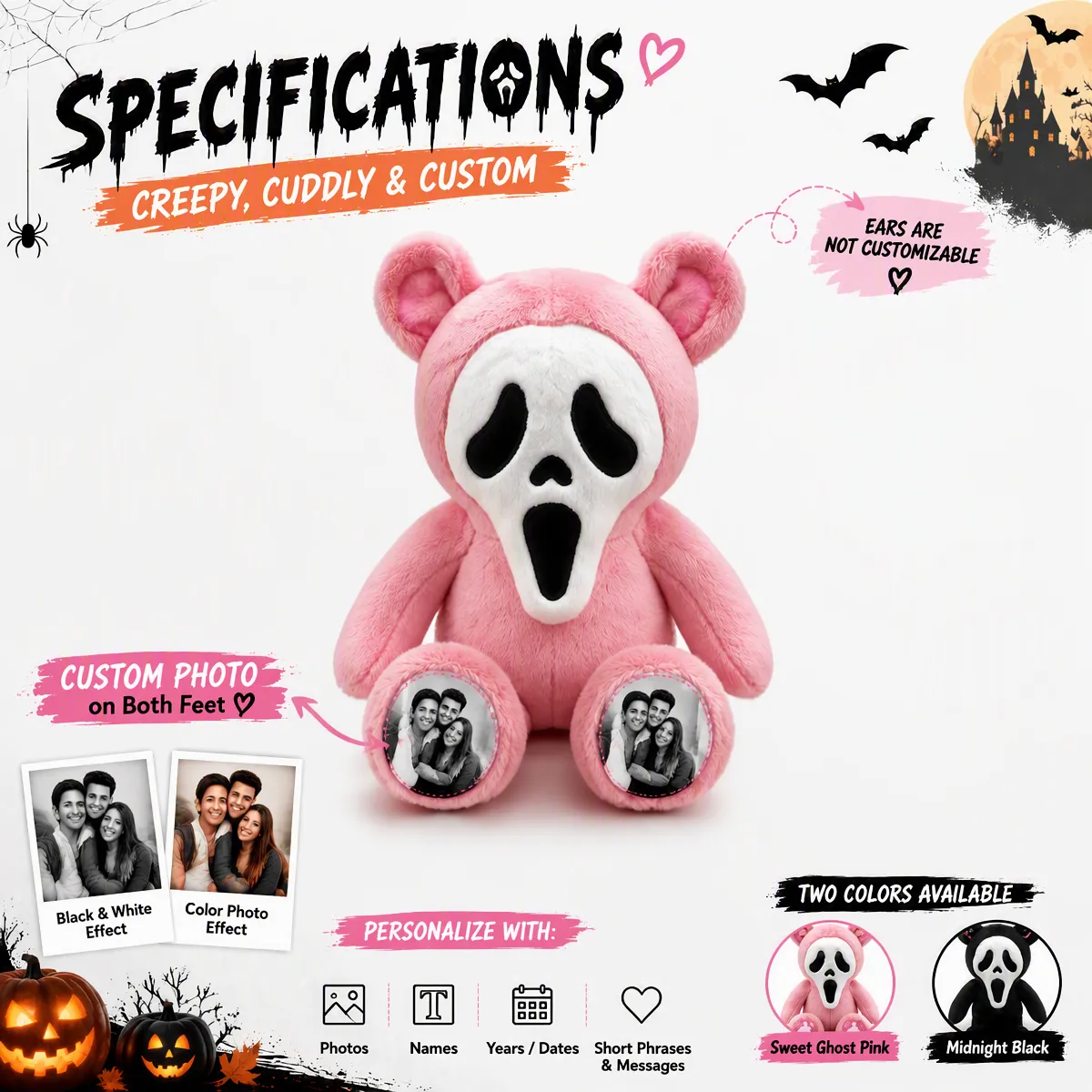 Custom Photo Ghost Bear Plush — Personalized Halloween Teddy Bear with Spooky Ghost Face & Photo Paws, Couple Gift