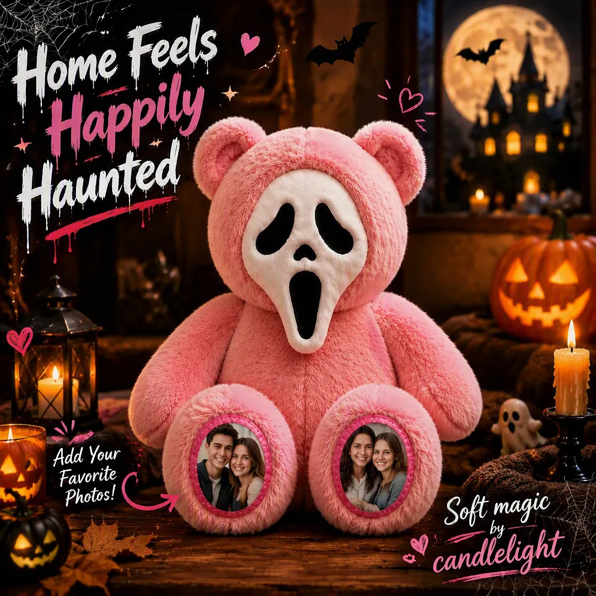 Custom Photo Ghost Bear Plush — Personalized Halloween Teddy Bear with Spooky Ghost Face & Photo Paws, Couple Gift