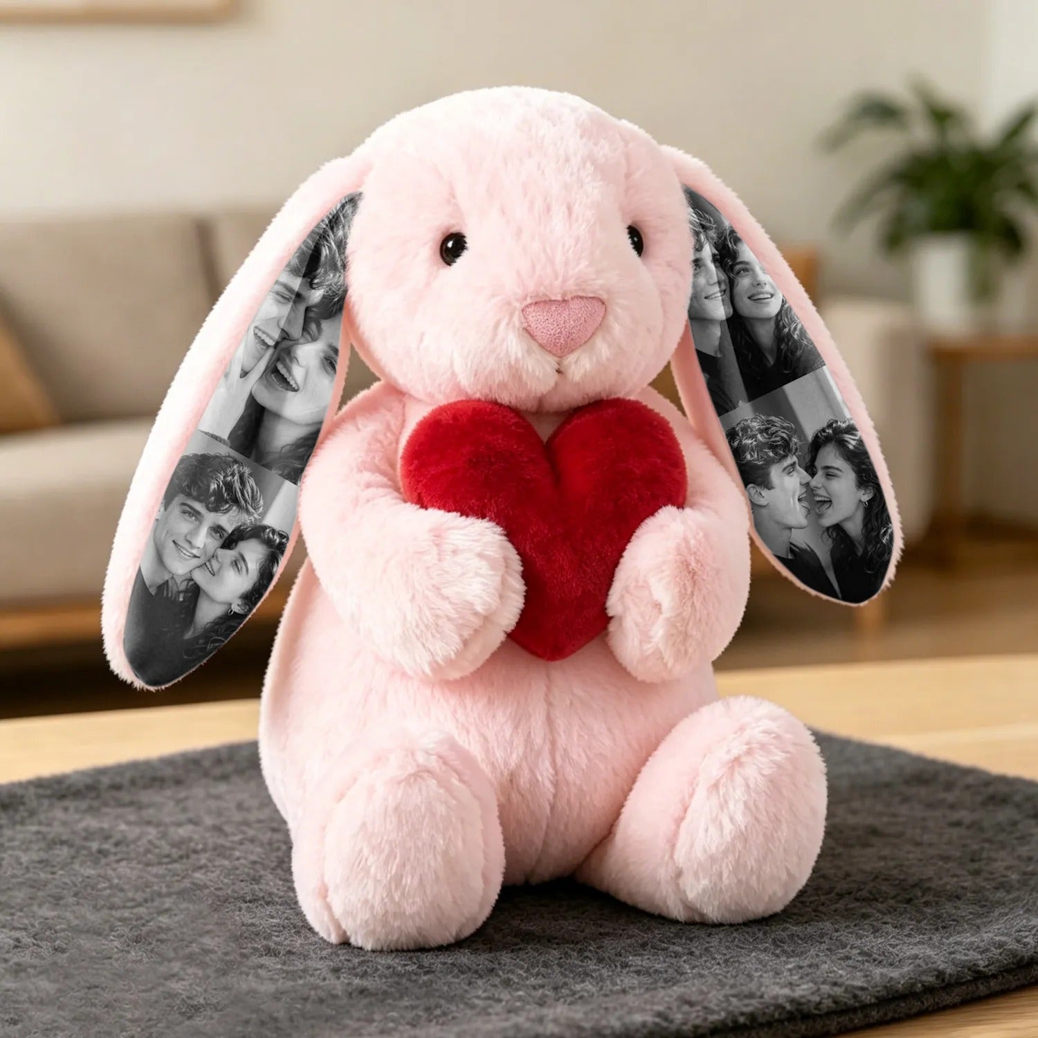 Custom Photo Red Rose Bunny Plush Personalized Hidden Ear Picture Bunny Gift for Couples Anniversary Gifts