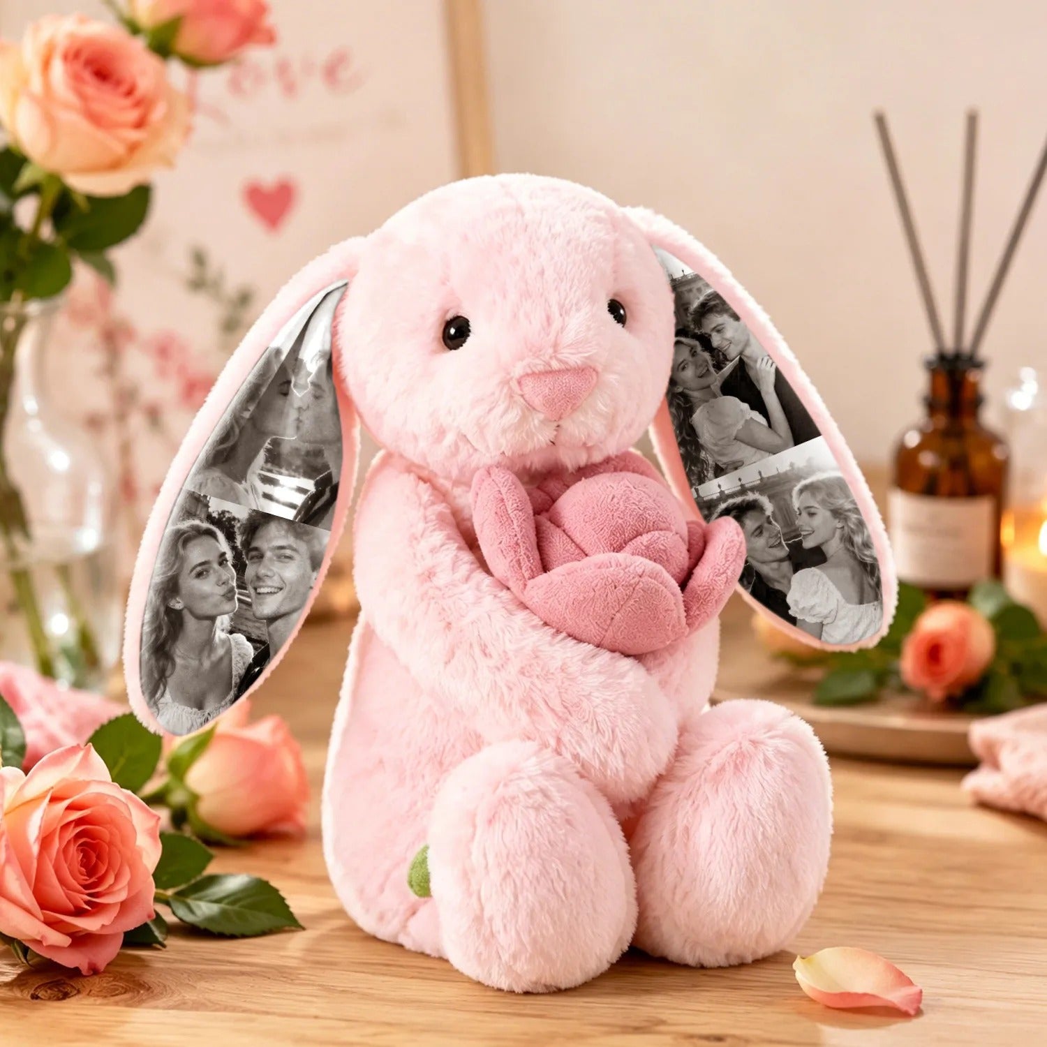 Custom Photo Red Rose Bunny Plush Personalized Hidden Ear Picture Bunny Gift for Couples Anniversary Gifts