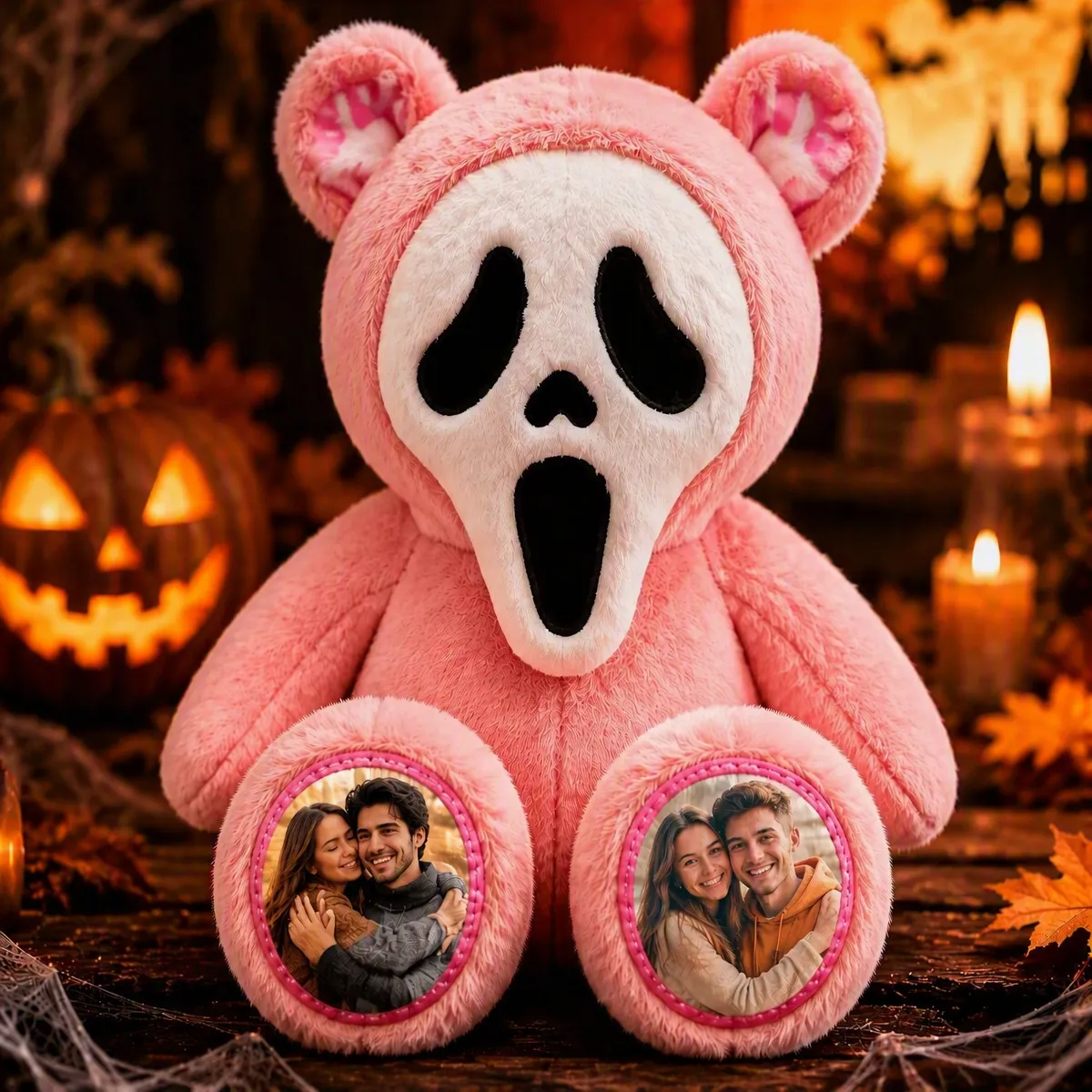 Custom Photo Ghost Bear Plush — Personalized Halloween Teddy Bear with Spooky Ghost Face & Photo Paws, Couple Gift