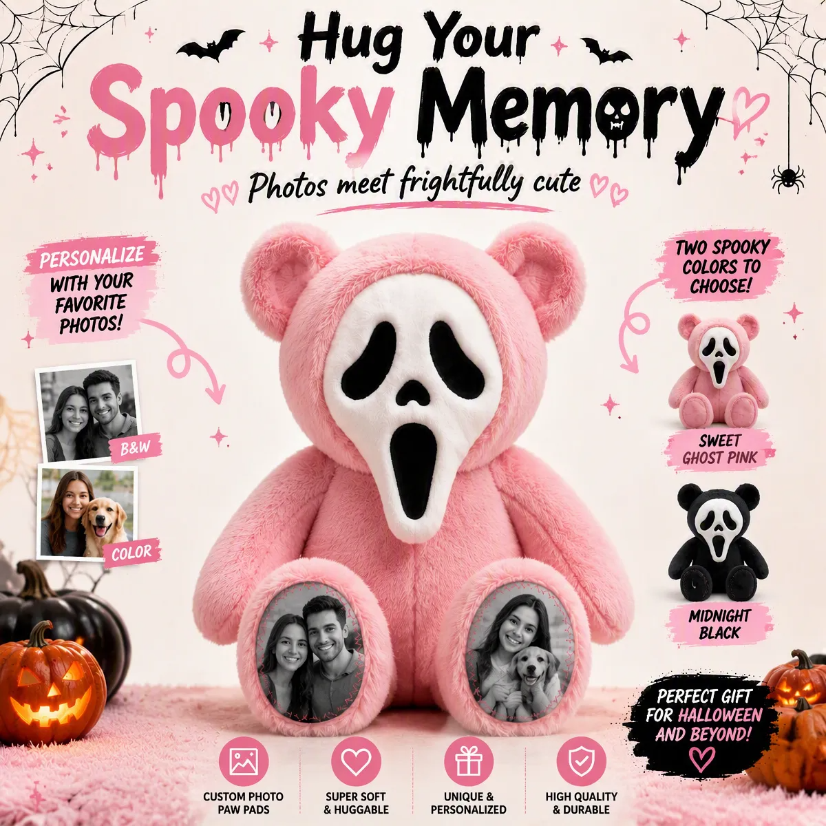 Custom Photo Ghost Bear Plush — Personalized Halloween Teddy Bear with Spooky Ghost Face & Photo Paws, Couple Gift