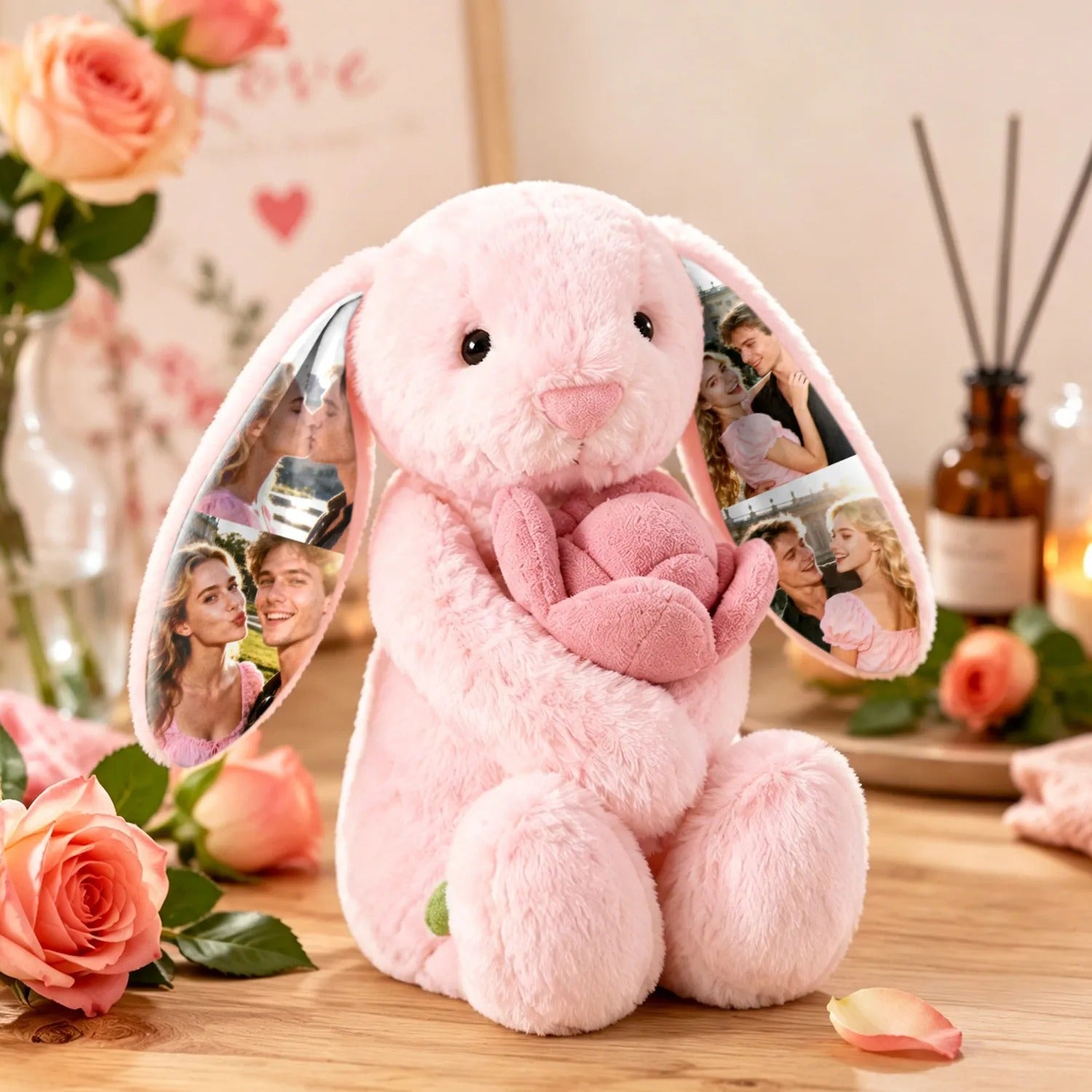 Custom Photo Red Rose Bunny Plush Personalized Hidden Ear Picture Bunny Gift for Couples Anniversary Gifts