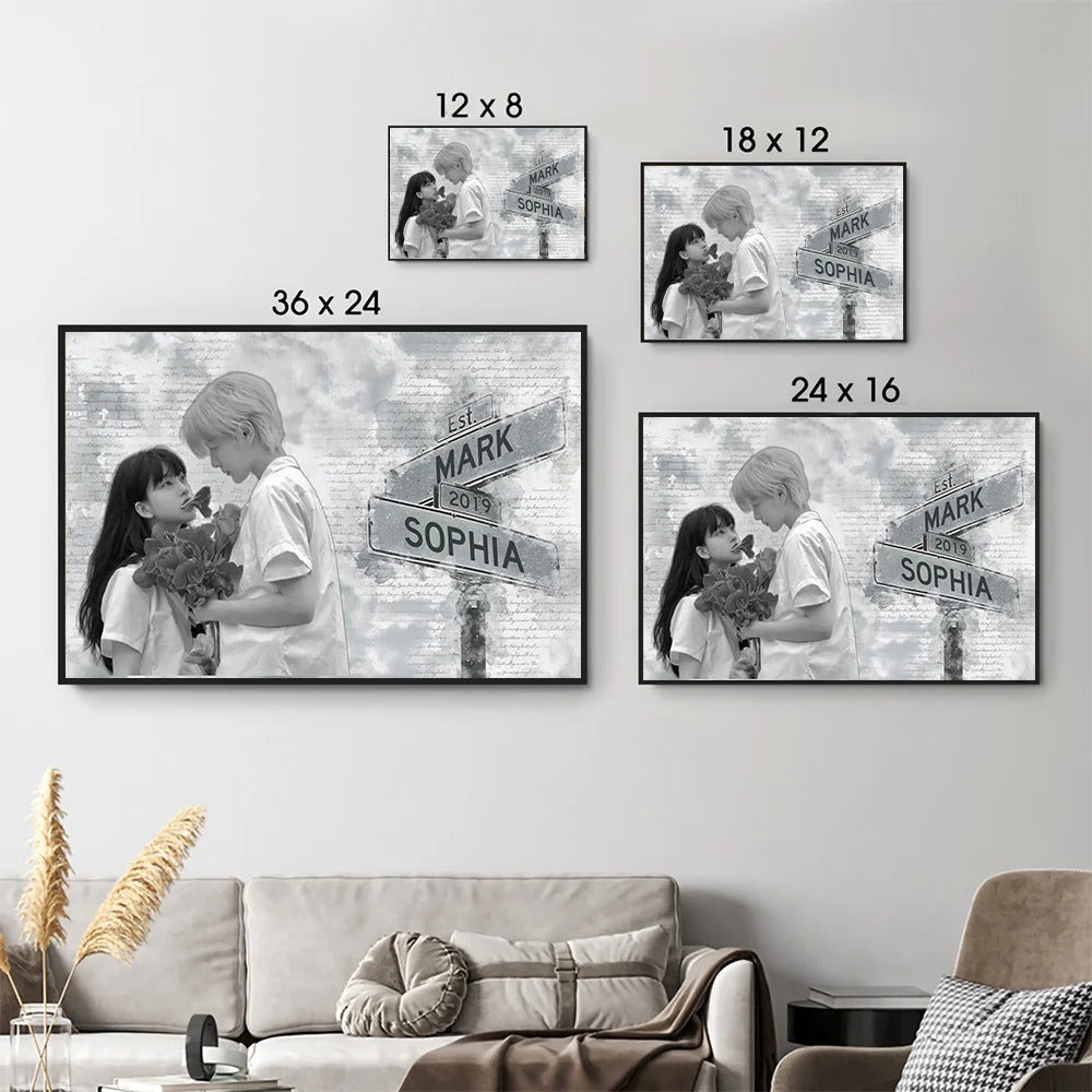 Custom Name & Date Photo Canvas Wall Art – Romantic Street Sign Style, Ideal Birthday or Anniversary Surprise for Couples