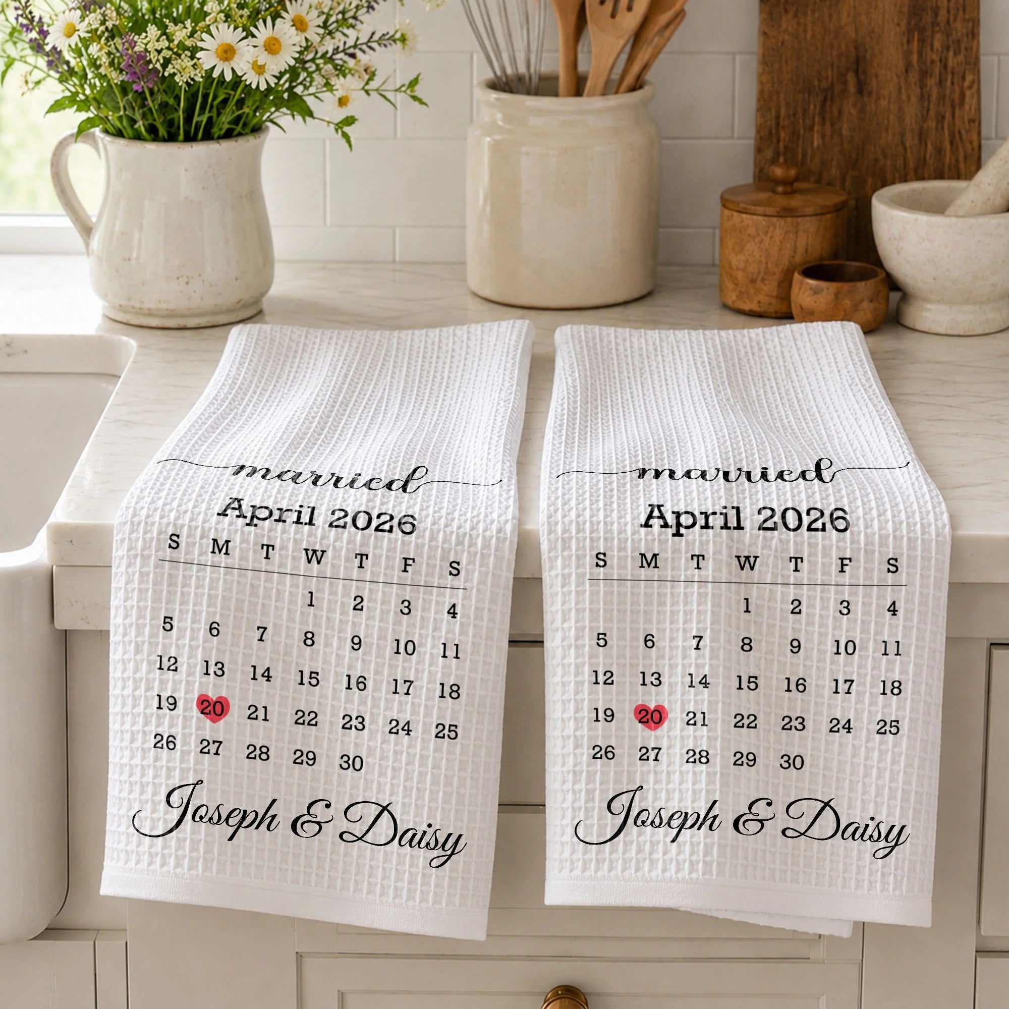 Personalized Married Calendar & Kitchen Towel Set – Custom Names & Date, Perfect Anniversary or Wedding Gift for Couples
