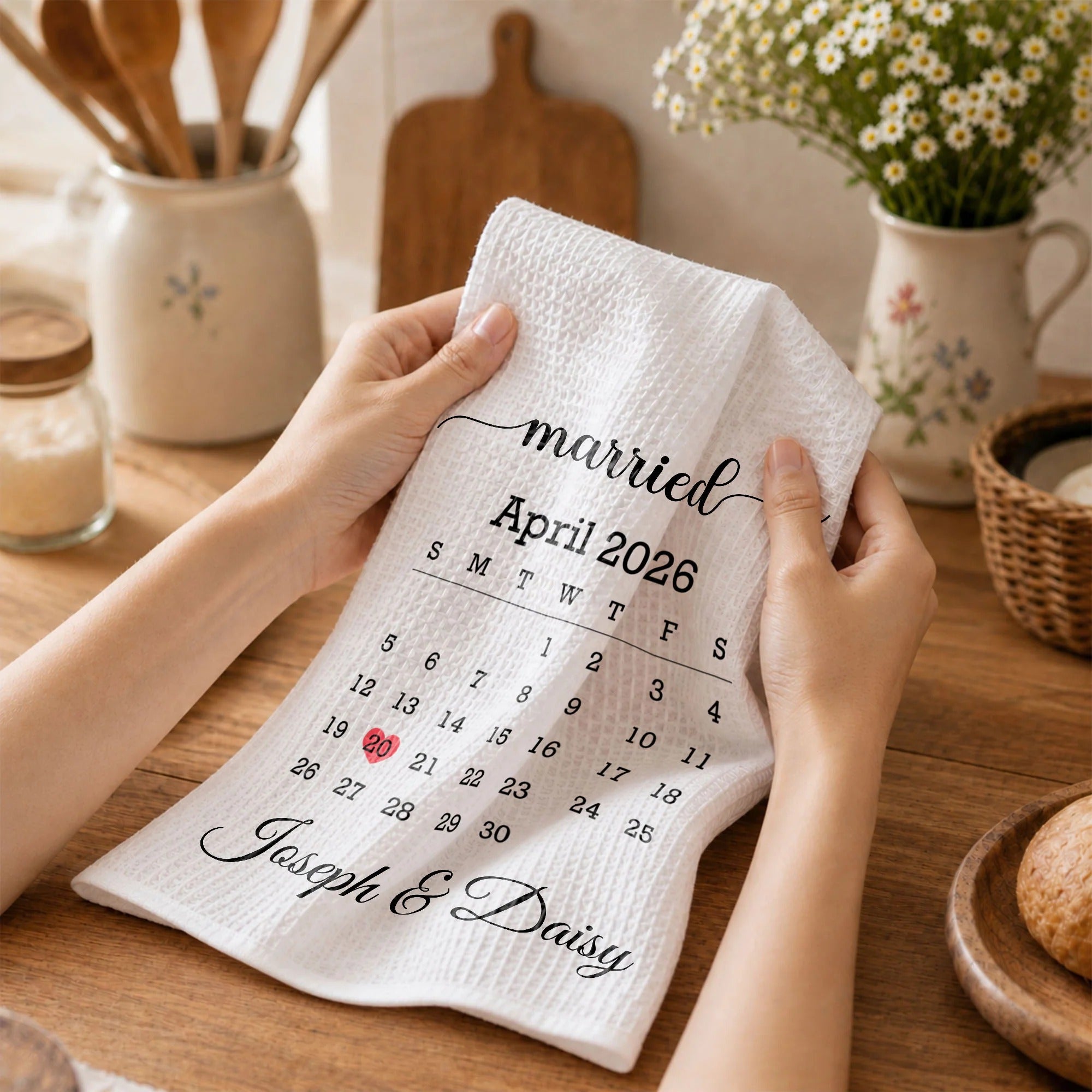 Personalized Married Calendar & Kitchen Towel Set – Custom Names & Date, Perfect Anniversary or Wedding Gift for Couples