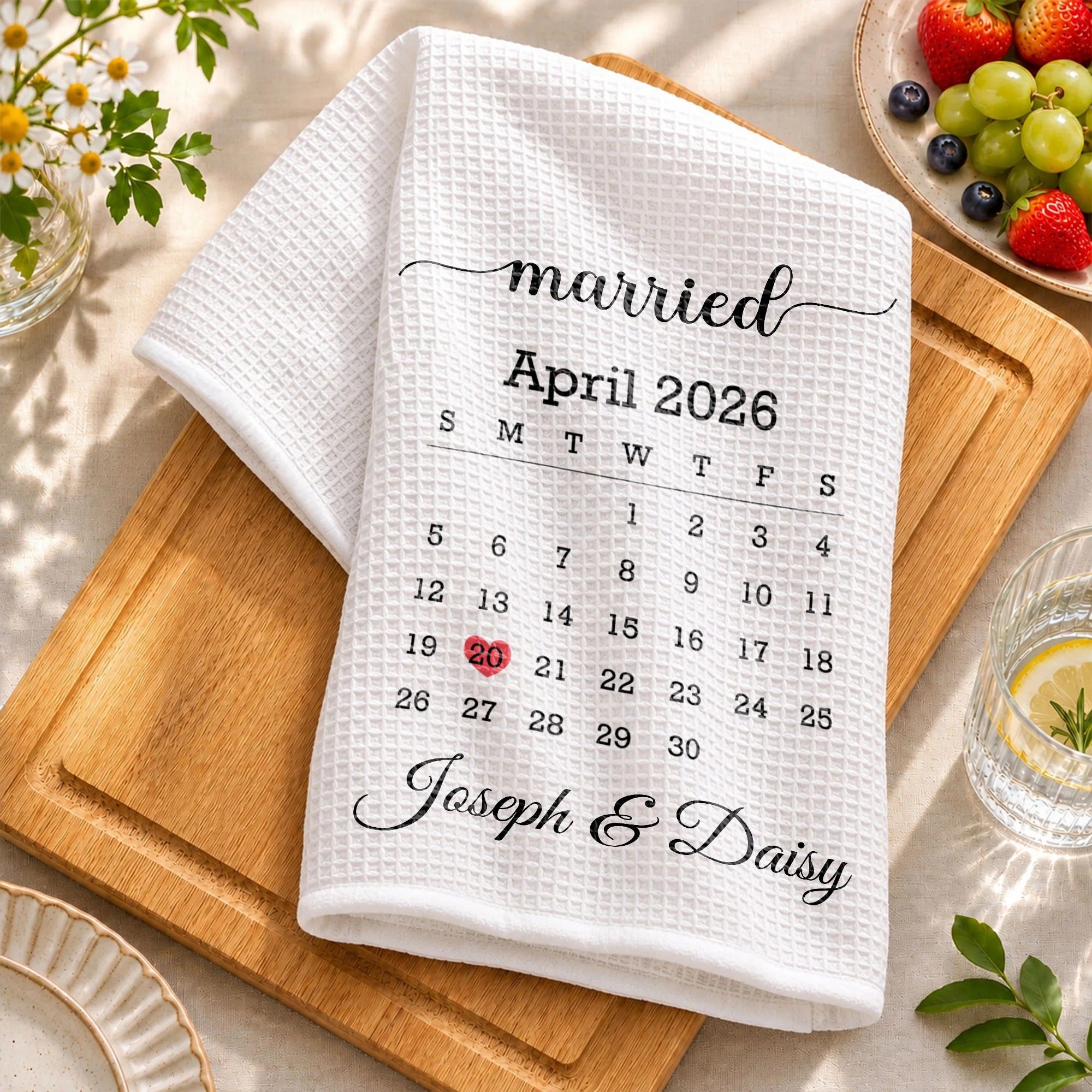 Personalized Married Calendar & Kitchen Towel Set – Custom Names & Date, Perfect Anniversary or Wedding Gift for Couples