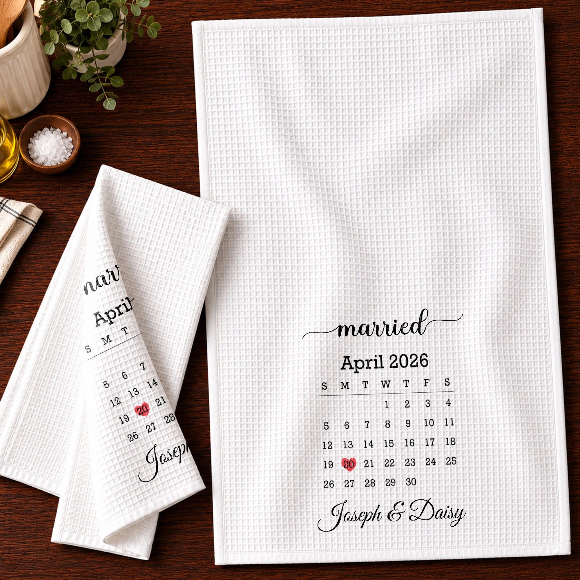 Personalized Married Calendar & Kitchen Towel Set – Custom Names & Date, Perfect Anniversary or Wedding Gift for Couples
