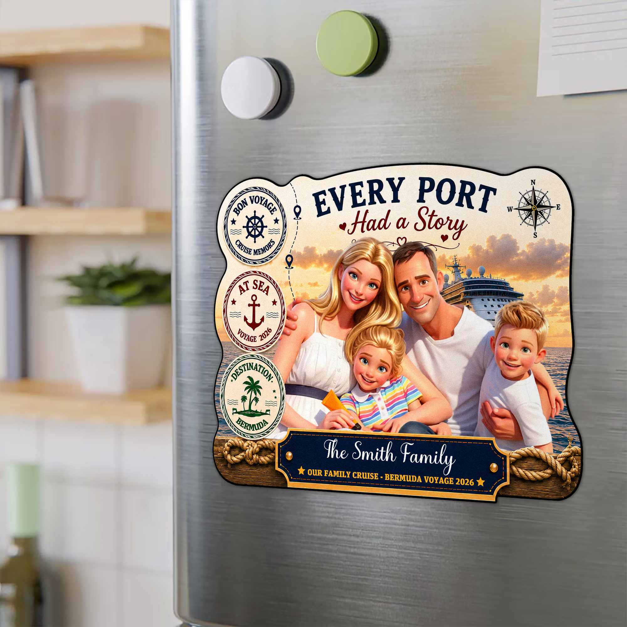 Personalized Cruise Photo Door Magnet – 3D Cartoon Custom Magnet with Names & Year, Fun Home Decor for Family Reunion, Birthday Travel Gift for Couples & Families