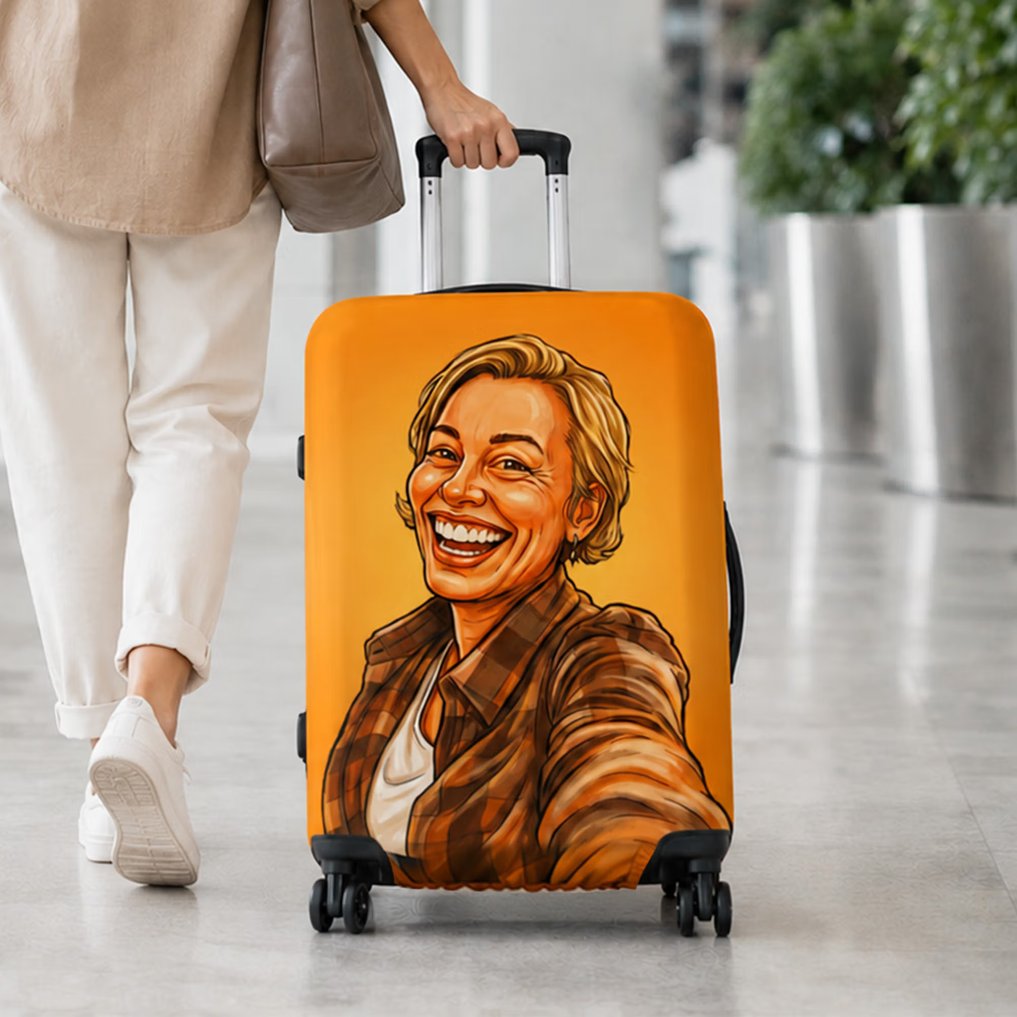 Personalized Comic Photo Suitcase Cover & Luggage Tag Set, Fits 18-32 Inch Suitcases-Unique Retro Cartoon Gift for Travel Lovers, Couples, Family.