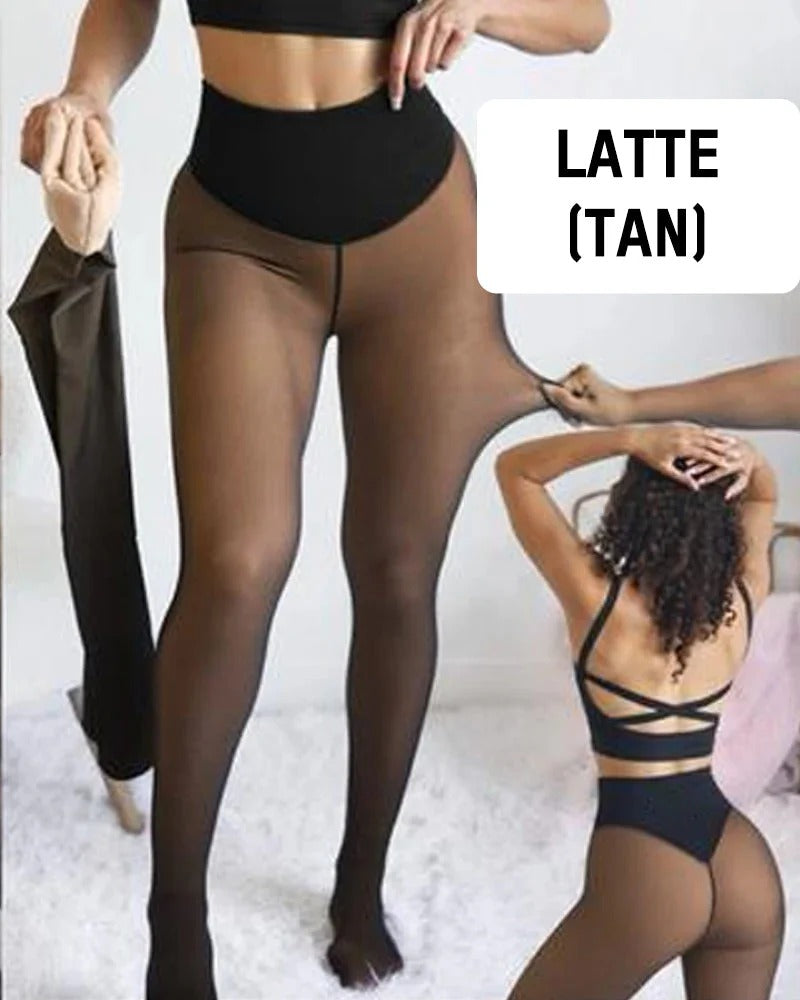 Fleece Lined Sheer Tights-Warm High-Waisted Thermal Pantyhose for Women