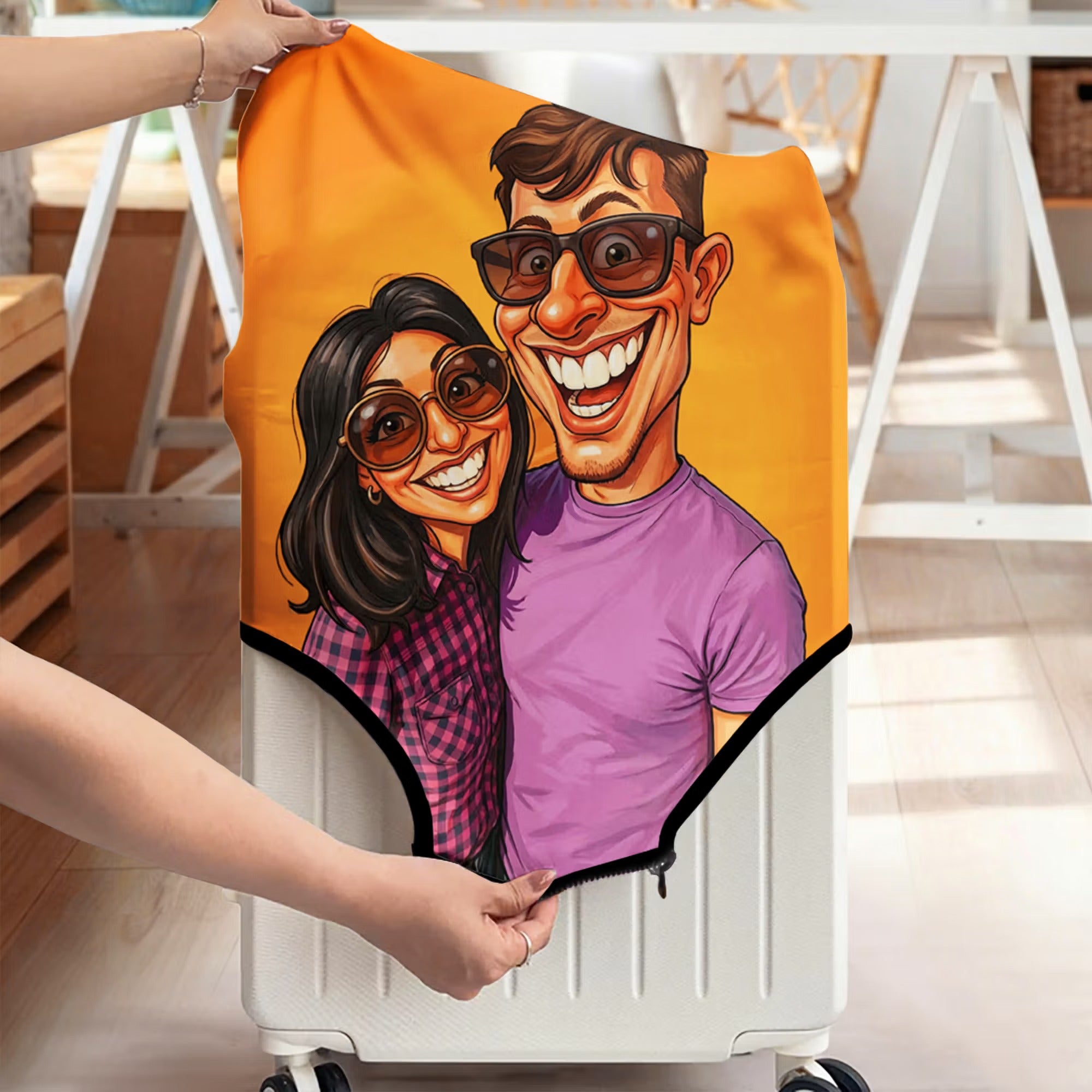 Personalized Comic Photo Suitcase Cover & Luggage Tag Set, Fits 18-32 Inch Suitcases-Unique Retro Cartoon Gift for Travel Lovers, Couples, Family.
